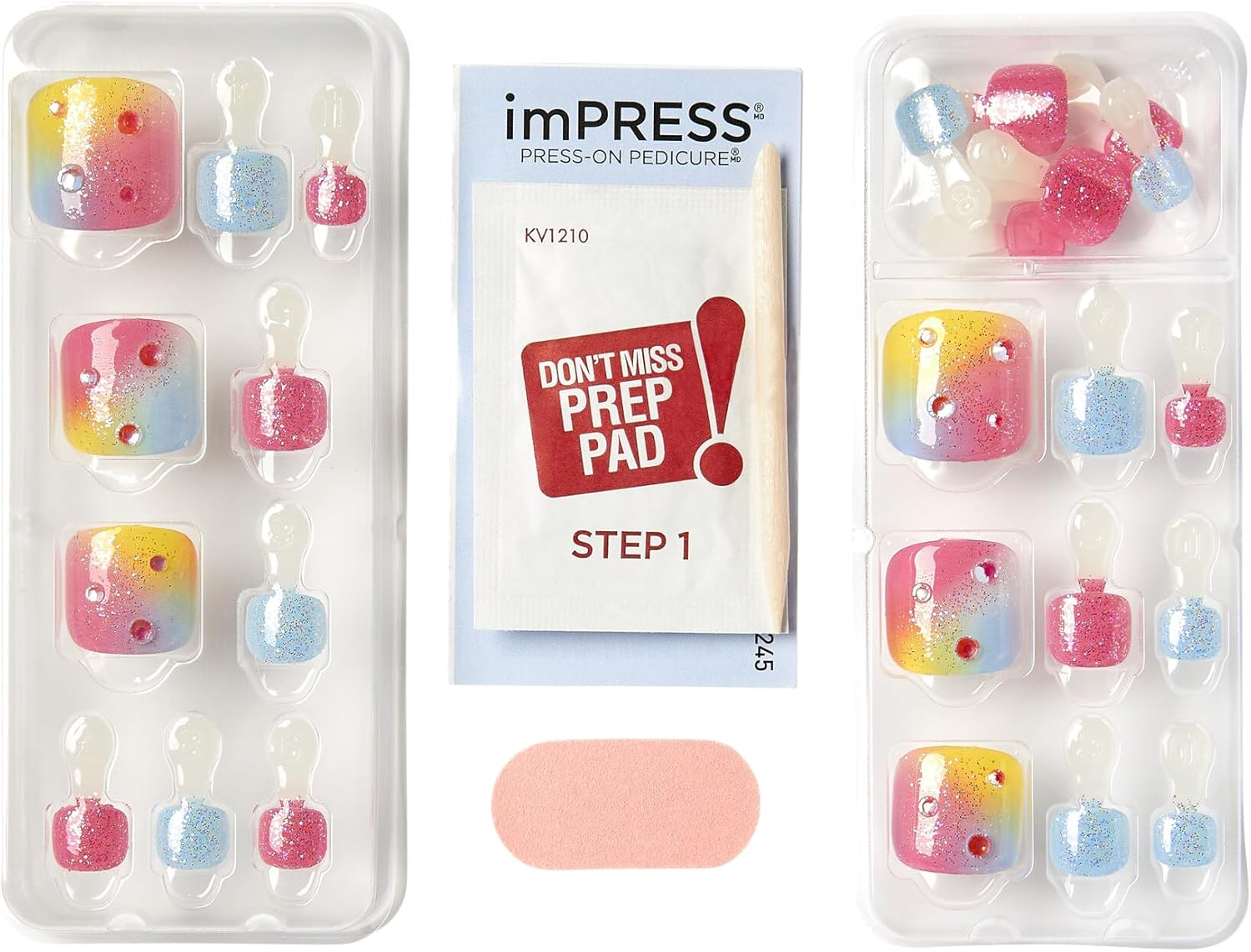 KISS Impress Pedi Rainbow Pink Light Blue Glitter Squoval Toe Nails with 24 Nails Prep Pad 1 Manicure Stick 1 Mini File image number 5