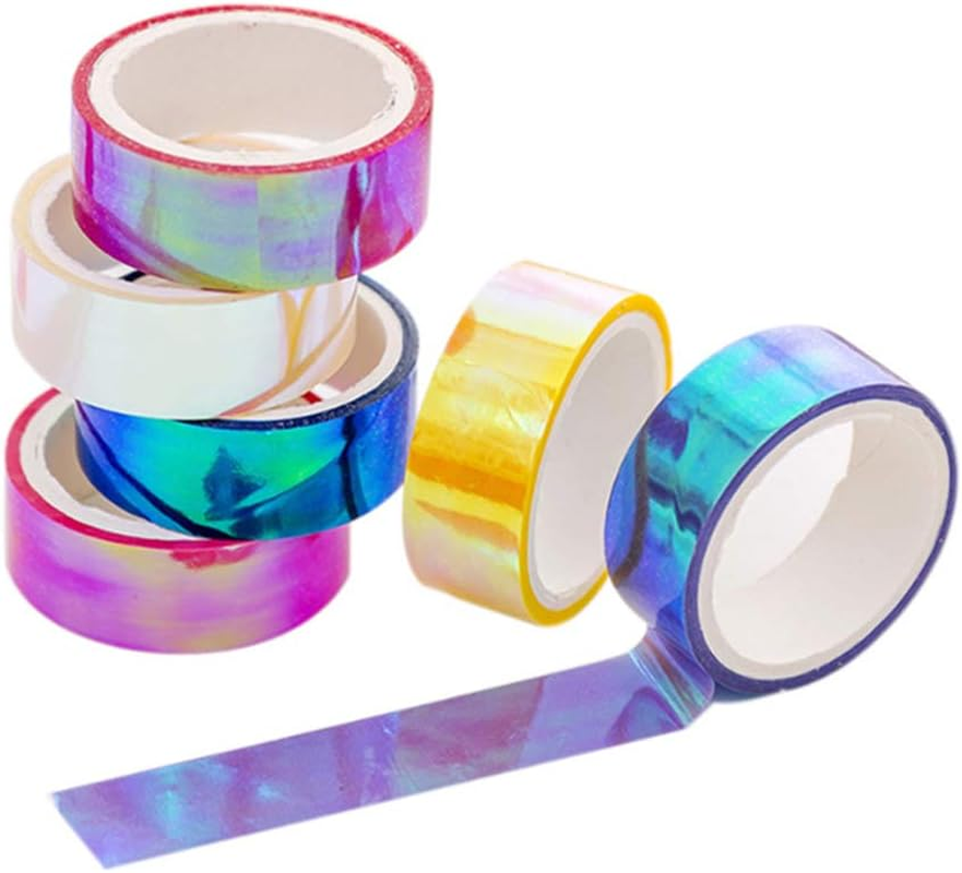 Holographic Colored Masking Tape Set, 6 Rolls Rainbow Masking Tapes Translucent Labelling Tapes Decorative Waterproof Adhesive Iridescent Graphic Art Tape for Arts DIY Office Supplies image number 1