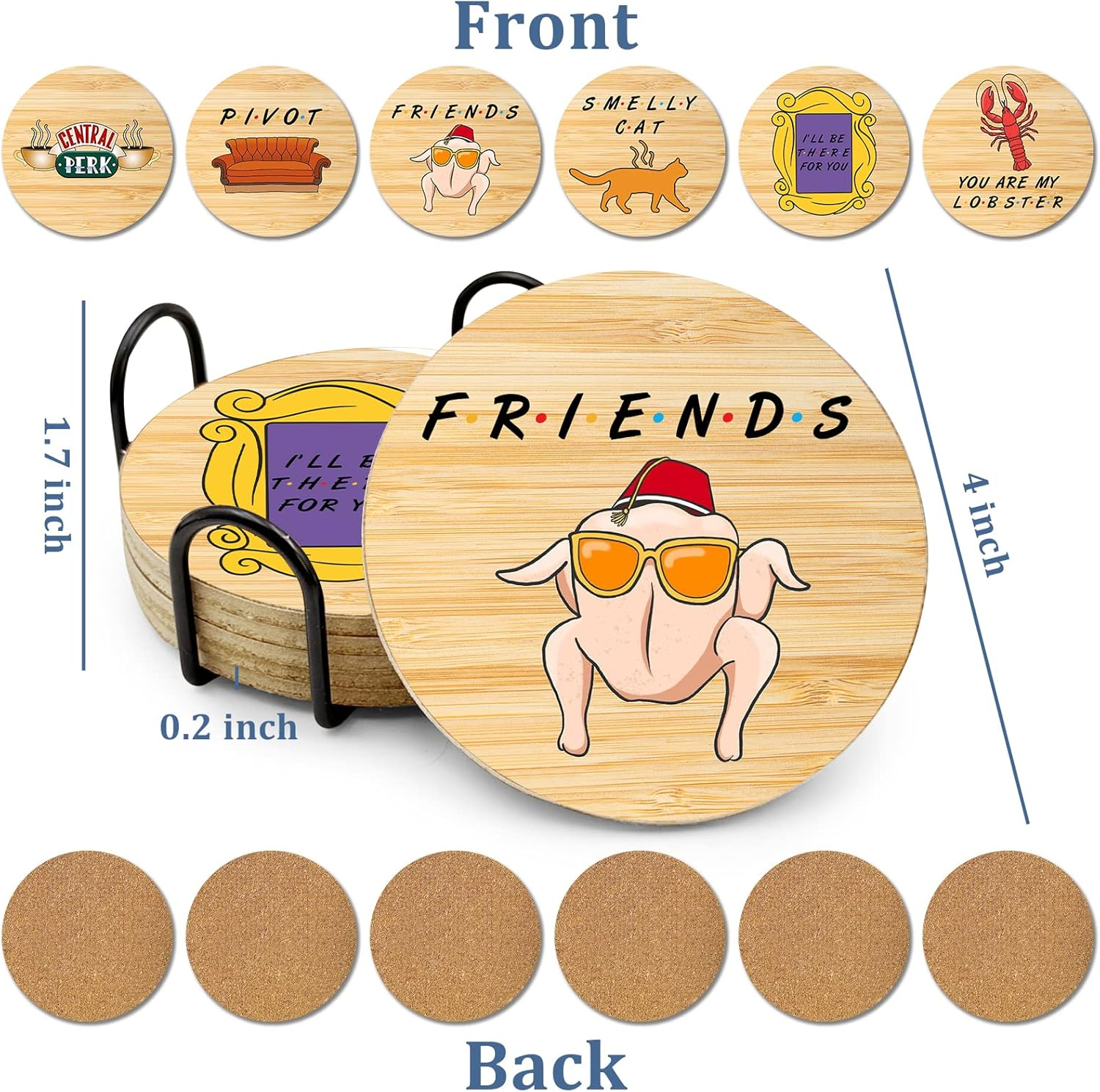 6 PCS Cork Coasters for Drinks,Friends TV Show Merchandise,Funny Coasters Set with Coaster Holder,Coasters for Coffee Table Tea Table Bar,Friends TV Themed Gifts for Fans image number 5