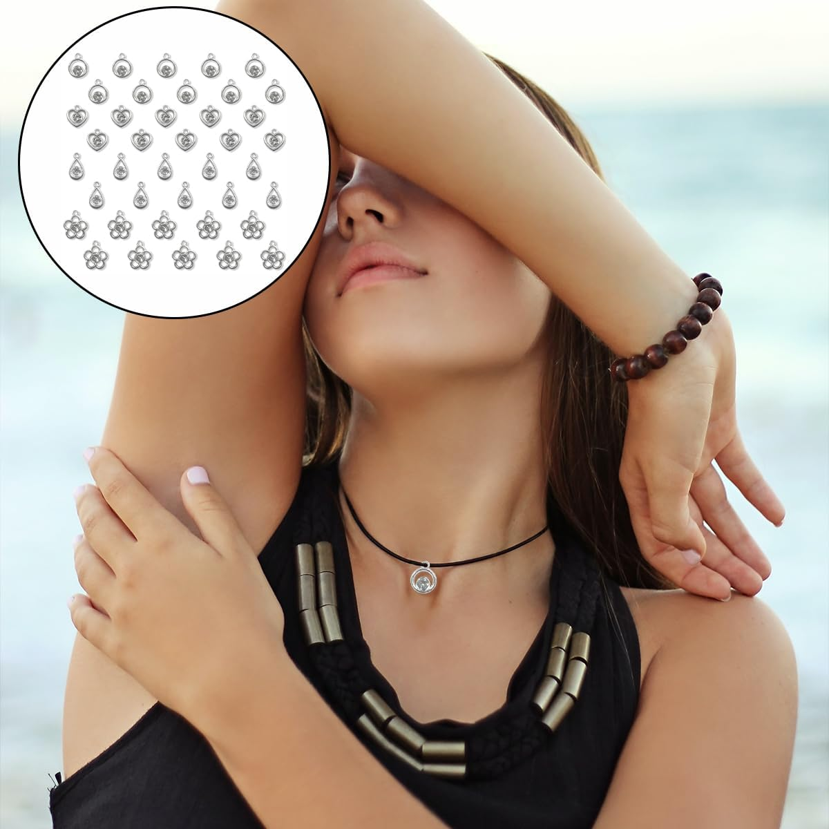 Rhinestone Pendant, 50 PCS Silver Star Heart Flower Teardrop round Charms for Jewelry Making, Bracelet, Necklace, Earring Accessories (About 14Mm)