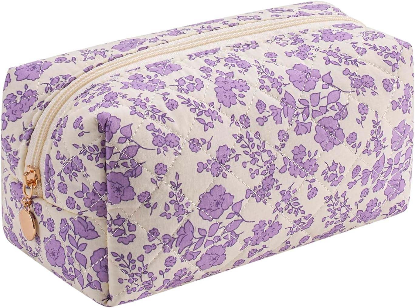 Gleyemor Small Quilted Makeup Bag for Women, Cute Floral Bow Cosmetic Bag, Emergency Bag Travel Toiletry Cotton Pouch Gifts for Girls Her Mom Friend Sister Bridesmaid, Purple Floral