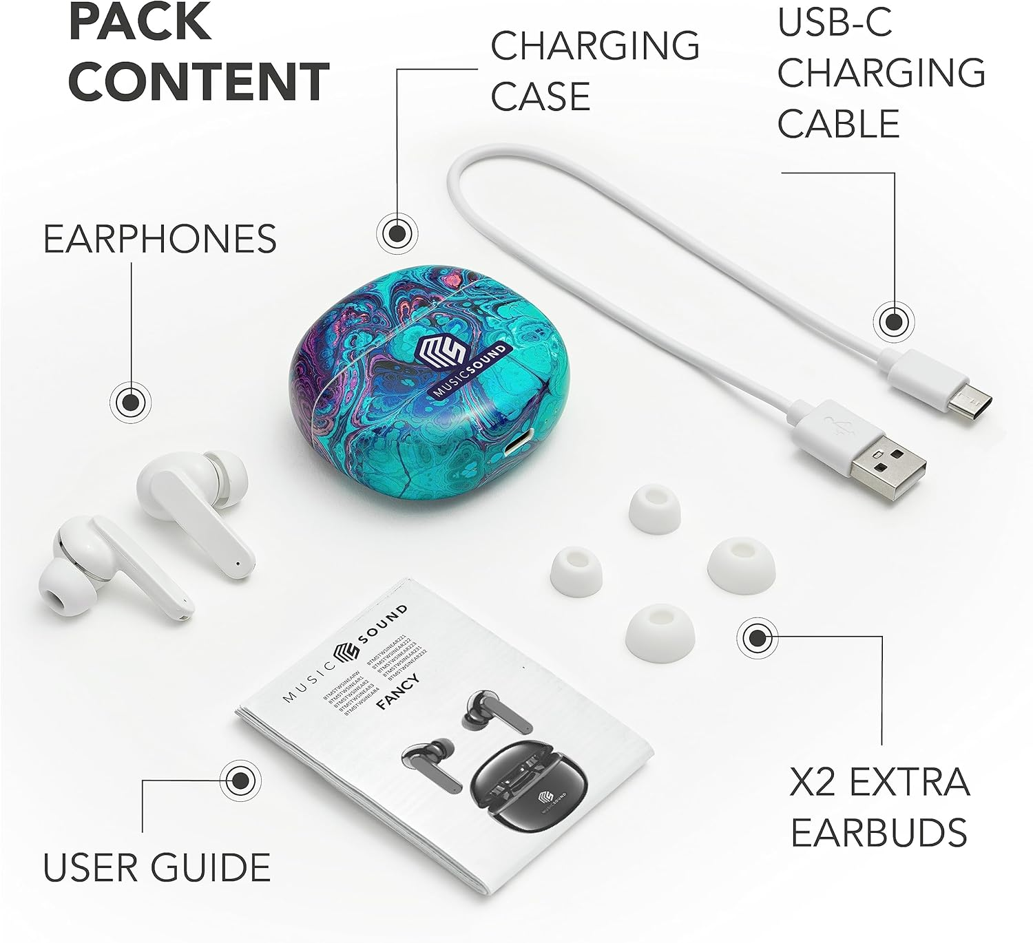 Music Sound | Bluetooth Headphones Wireless Intra-Auriculaires | Casque Bluetooth Intra-Auriculaires Wireless Pour Smartphones Avec &Eacute;tui De Charging 5 Times - Autonomy 5 Hours - Fantasy Fluide