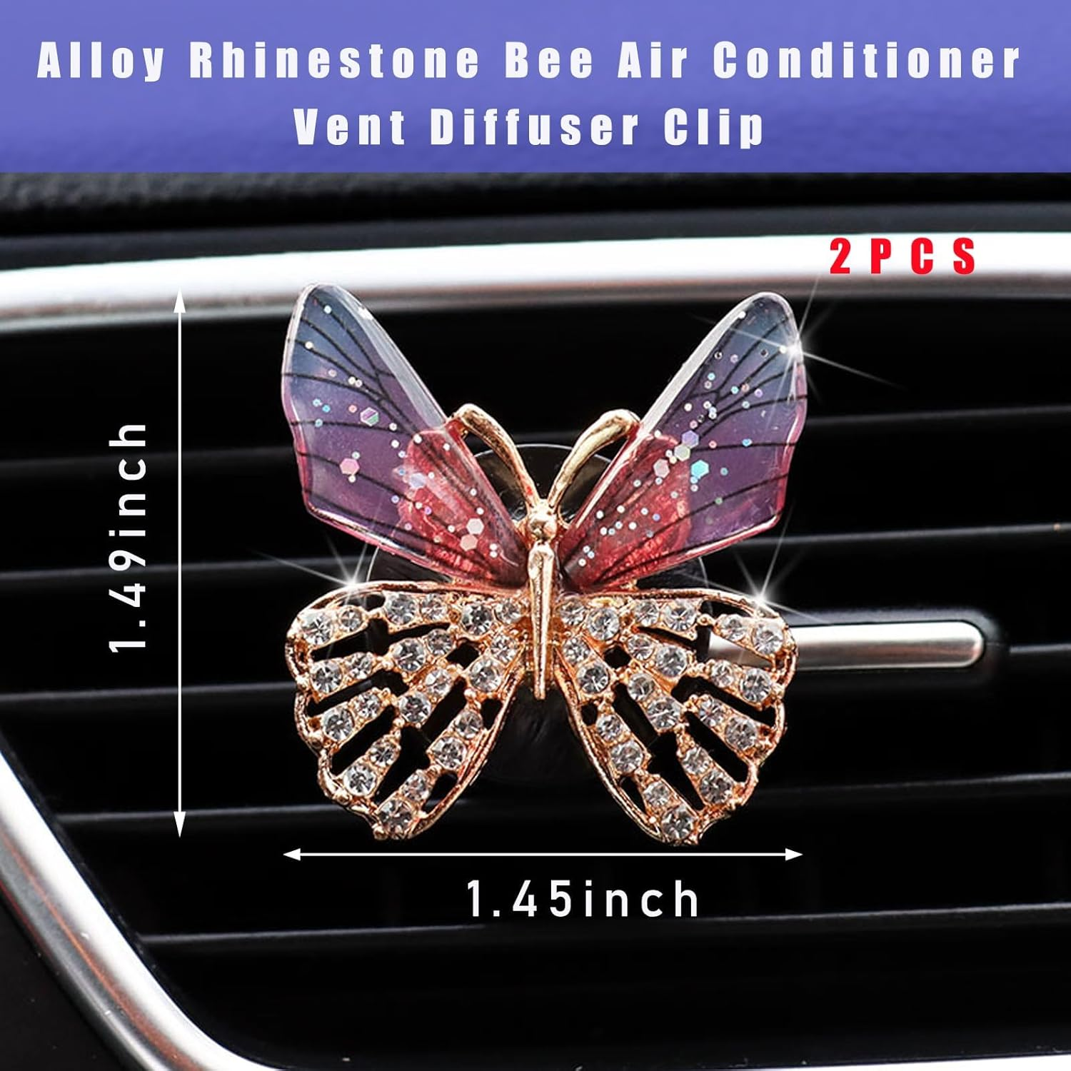 2PCS Bling Butterfly Air Vent Clips, Cute Crystal Car Air Fresheners Vent Clips, Rhinestone Diamond Auto Diffuser Vent Clip for Women Girls, Car Interior Decor Accessories (Rose Red) - Blue image number 6