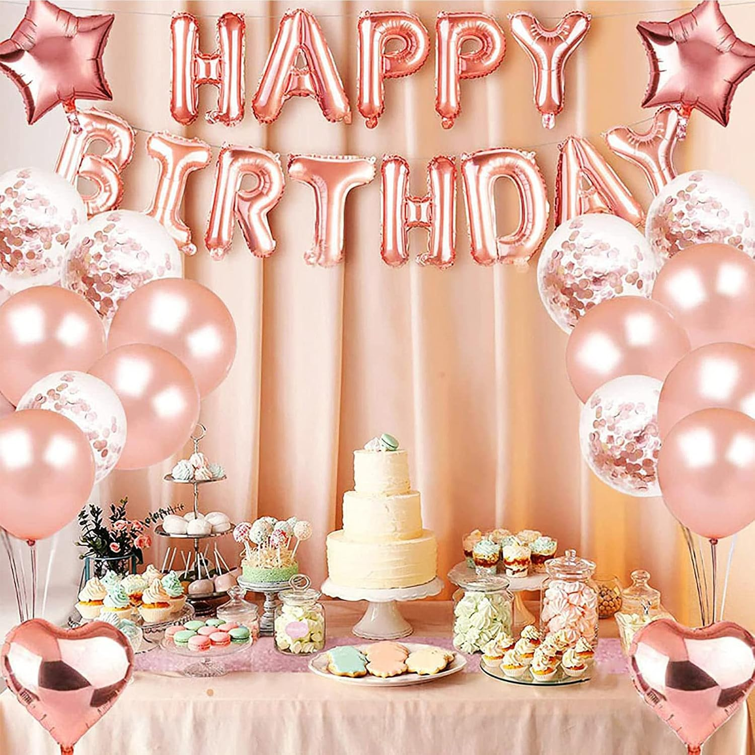 DAWNTREES Birthday Balloons for Girls, Birthday Decorations, Happy Birthday Party Banners, Rose Gold Tassel Curtains, Aluminum Foil Tablecloths, Heart-Shaped Star Foil Confetti Balloons.(Pink)