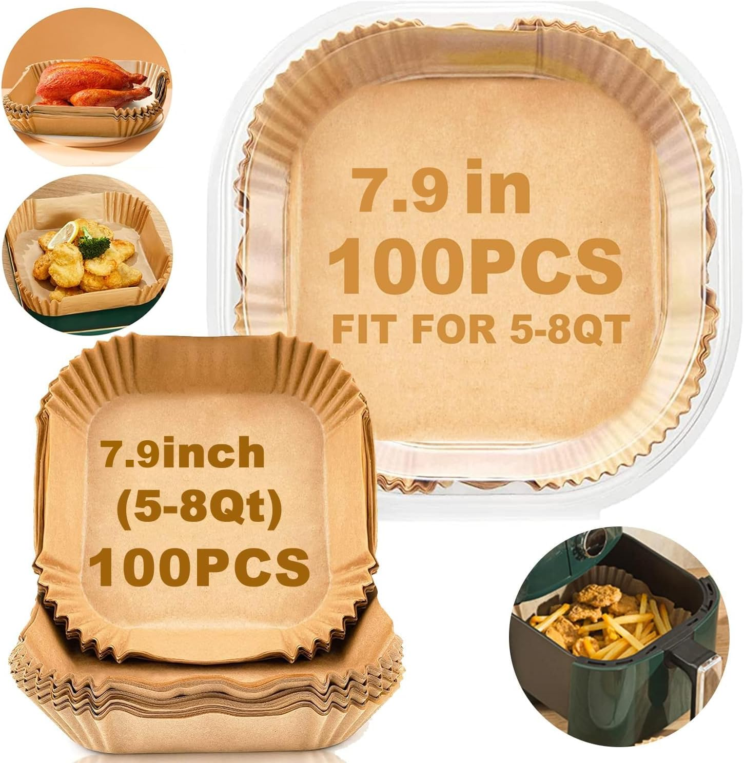 Mumoo Bear Disposable Air Fryer Paper Liners 100PCS 7.9 Inch Square Liners for Air Fryer, Grease and Water Proof Non Stick Basket Parchment Paper image number 1