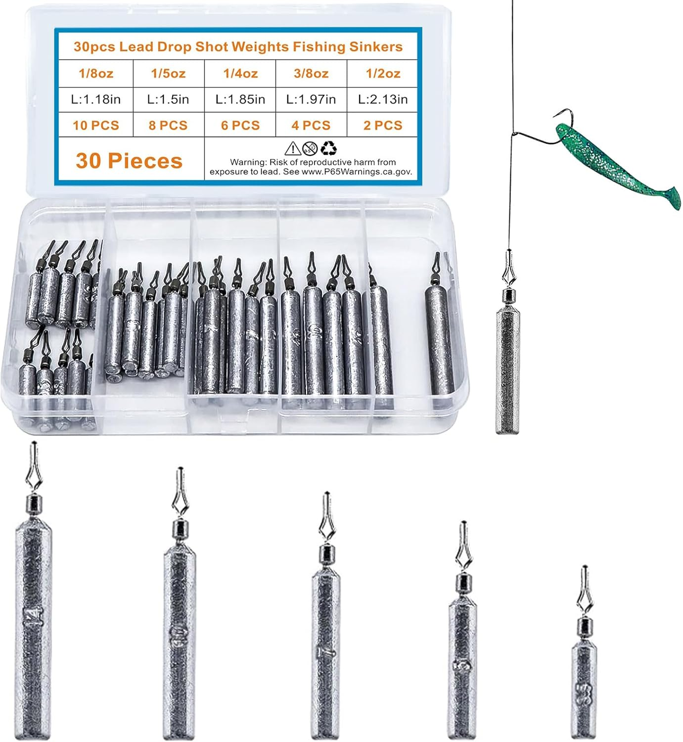 30PCS Fishing Weights Fishing Sinker Drop Shot Weights Fishing Weights Kit Drop Shot Rig Wacky Hooks Offset Hooks Fishing Tackle image number 2