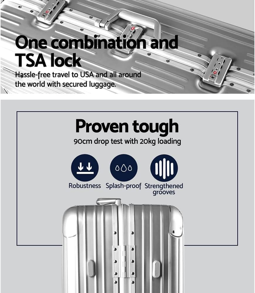 Wanderlite Luggage Set 28" Silver Suitcase Hand Luggages Travel Hard Case Hardside Shell Trolley, Carry on Bag Rolling Lightweight, TSA Lock Aluminium Frame - Silver image number 4