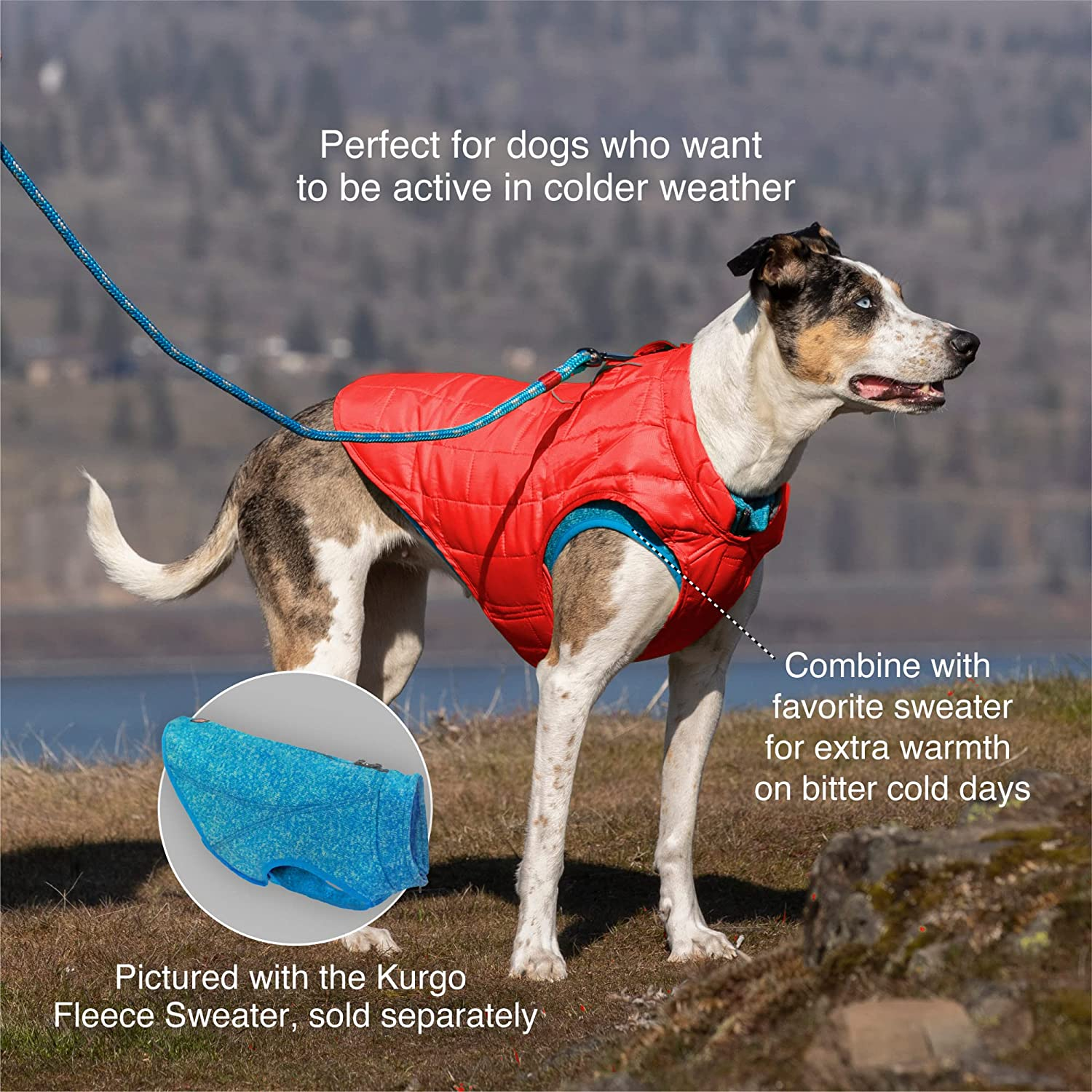 Kurgo Dog Jacket | Reversible Winter Coat for Dogs | Fleece Vest for Pets | Reflective | Wear with Harness | Water Resistant Loft Jacket | for Small Medium Large Pets (Red/Grey, Large) image number 6