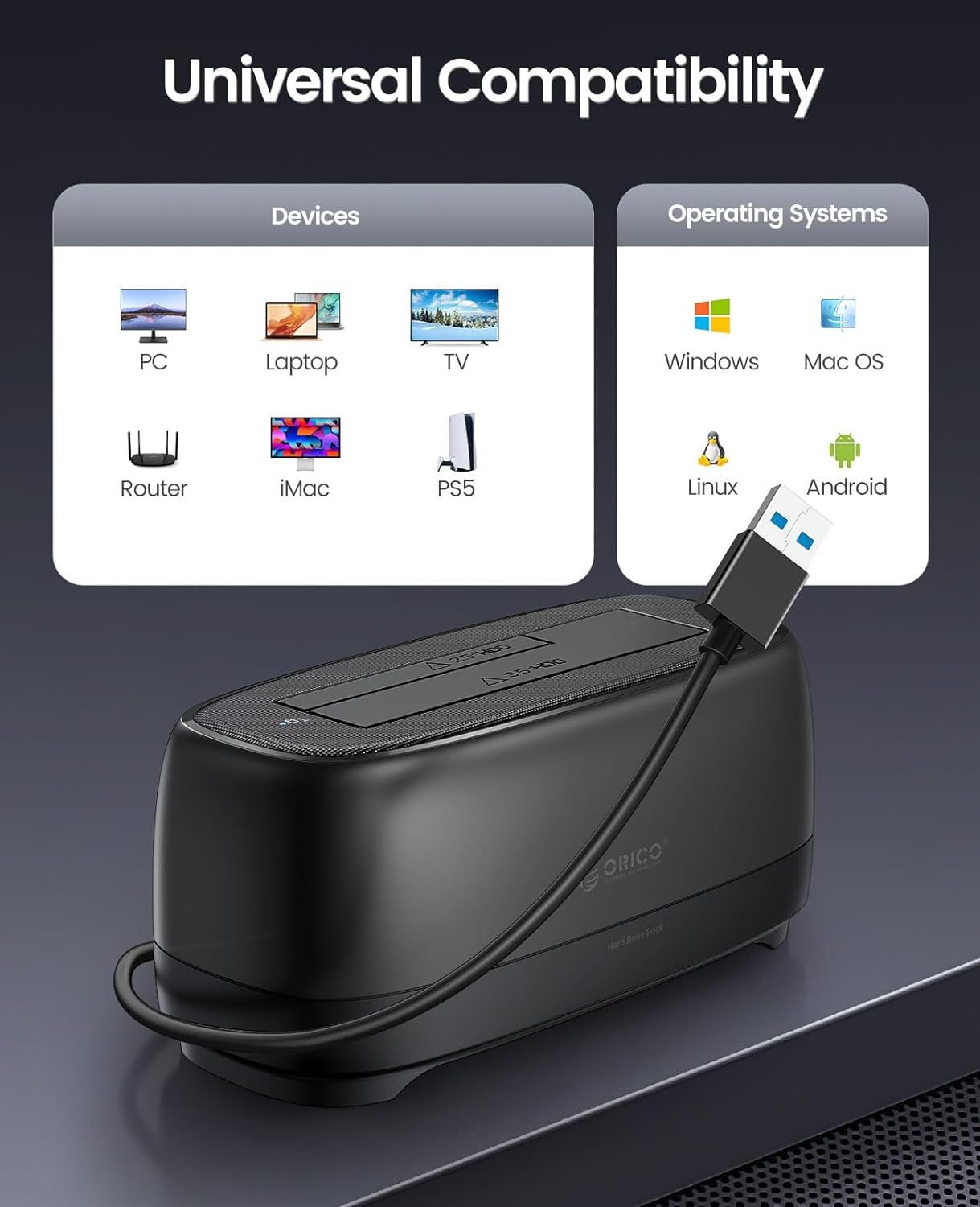 ORICO External Hard Drive Docking Station for 2.5/3.5 Inch HDD SSD USB 3.0 to SATA Hard Drive Dock up to 20TB Support UASP 12V Power Adapter