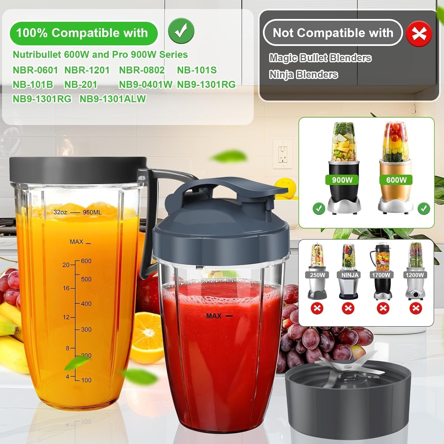 18PCS Blender Cups & Blade Replacement Set for Nutribullet 600W 900W, 32Oz 24Oz 18Oz Cups with Flip-Top Lid, Resealable Lid & Handle Ring, Extractor Blade, 2 Gears, 6 Shock Pads, Cleaning Brush image number 3