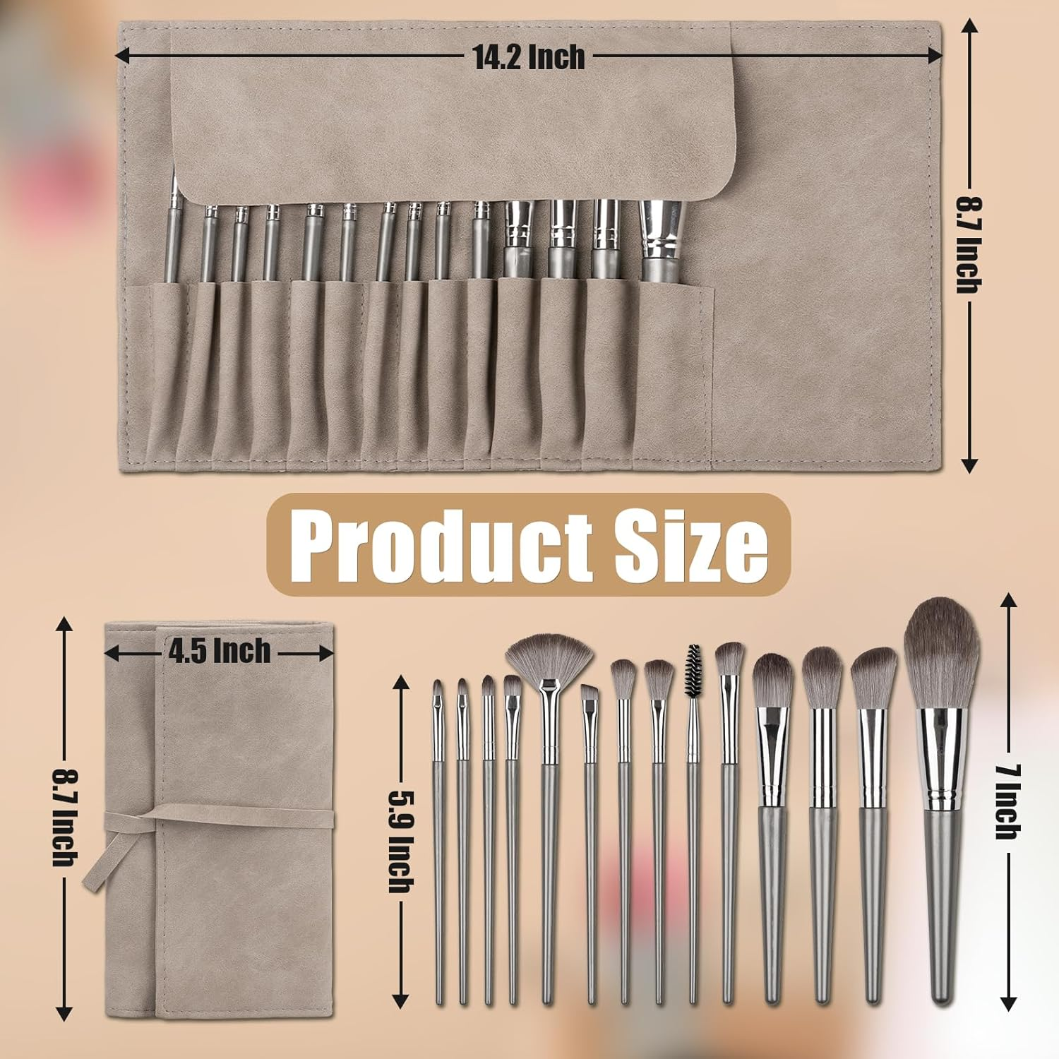 Makeup Brushes, 14 Pcs Professional Makeup Brush Set, Eye and Face Foundation Brush Set, Eyeshadow Brushes, Cosmetic Brushes, with PU Bag, Grayish image number 2