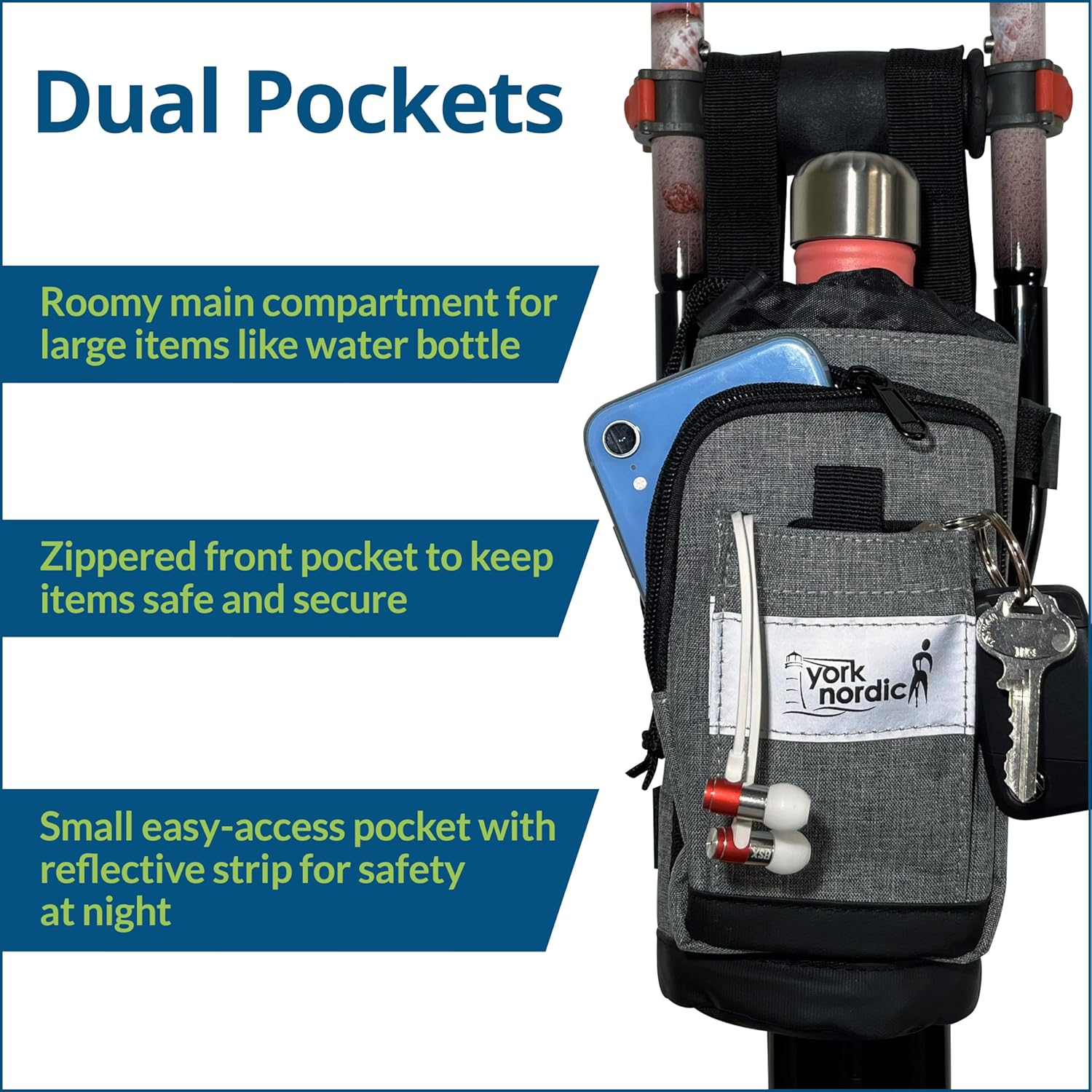 York Nordic Underarm Crutch Bag - Attaches to Your Crutches for an Easy Travel Accessory Featuring Dual Pockets and Large Compartment