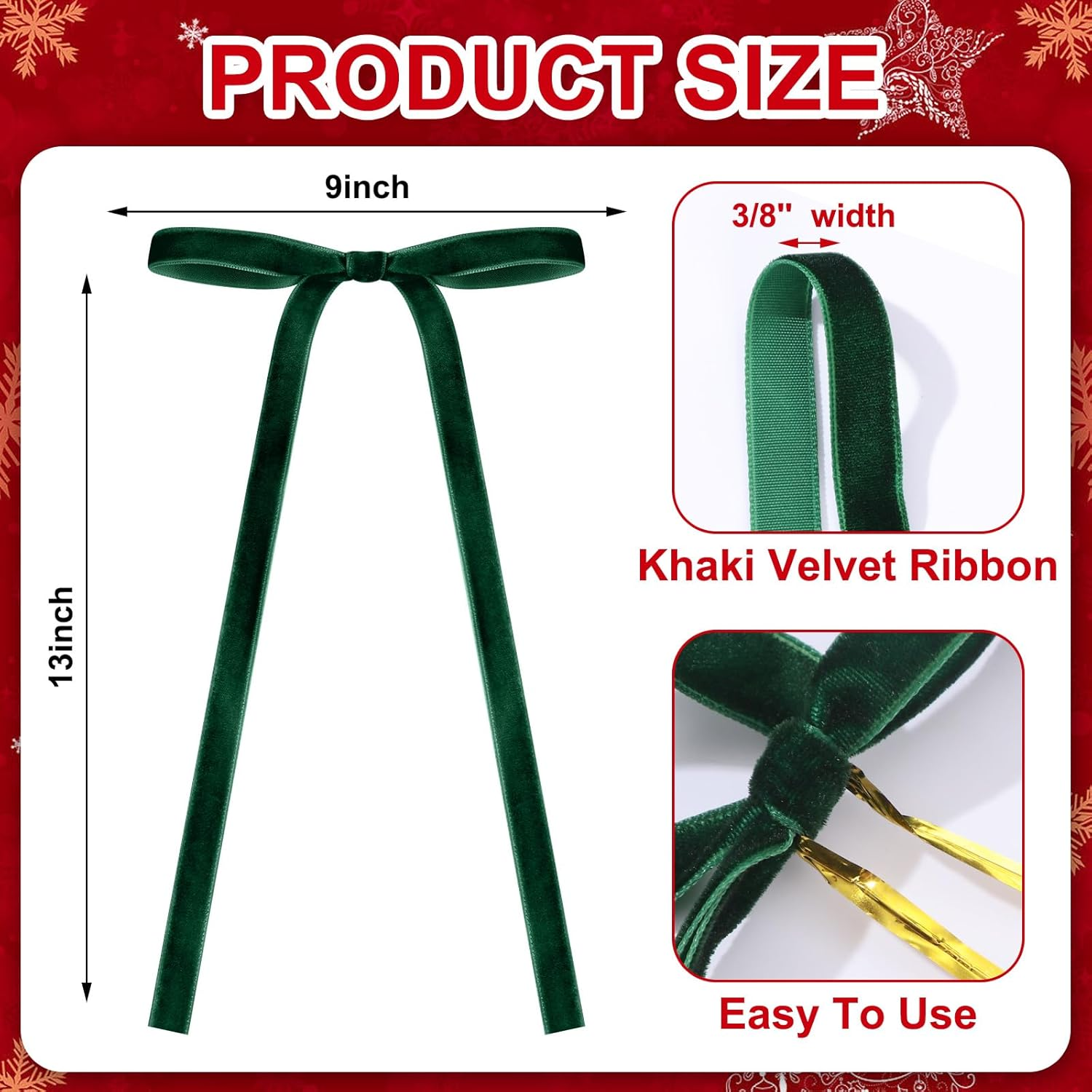 Brown,Dark Green,Beige 24 Pcs Velvet Bows Christmas Tree Ornaments Valentines Day Bows Decoration for Garland Home Coquette Wedding Decor (9 X 13 Inch,Width of 3/8") image number 5