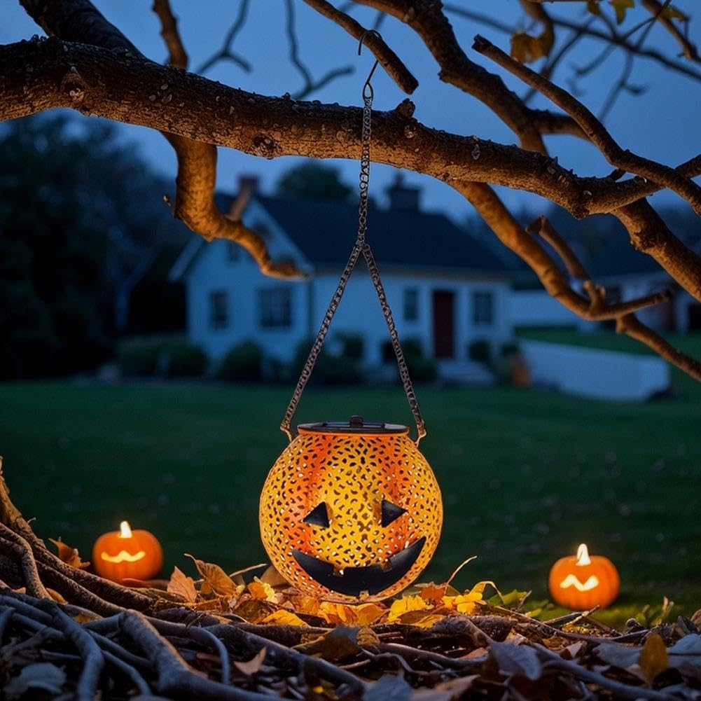 Halloween Decoration Hanging Solar Lantern Outdoor - Solar Powered Pumpkin Led Jack-O Lights, Waterproof Halloween Decor Metal round Lantern for Yard, Patio, Pathway, Porch, Lawn, Garden, Outside image number 5