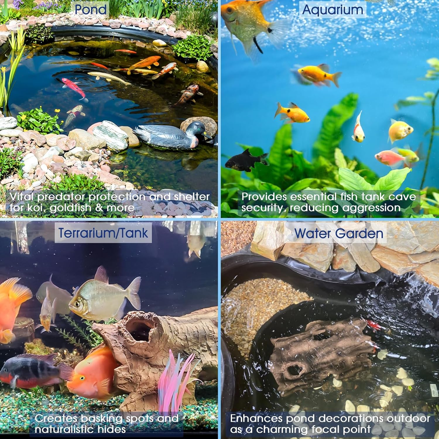 Realistic Faux Log Fish Cave - Predator Protection Shelter, Fish Hide & Aquarium Cave for Koi Pond Decor All-Weather Durable Pond Decorations for Ponds, Aquariums and Terrariums image number 1