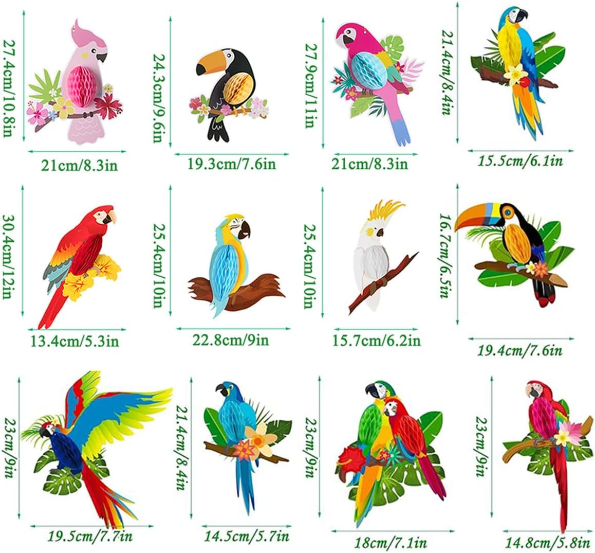 AIMALL 9X Tropical Parrot Honeycomb Decorations - Vibrant Hawaiian Hanging Birds for Summer Party, Bar, Wall Decor image number 1