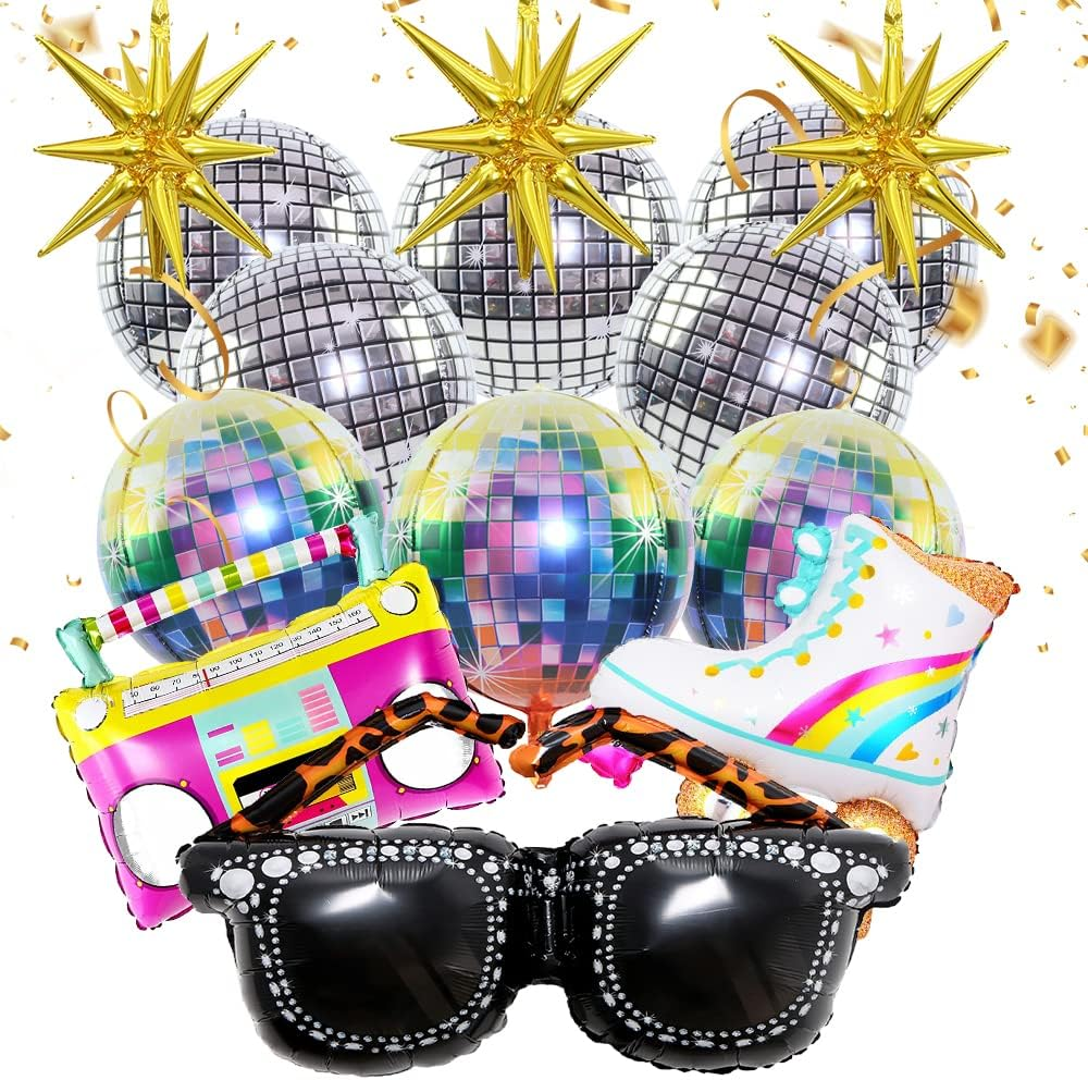 14 PCS Disco Ball Radio Boombox Roller Skate Glasses Gold Explosion Star Huge Foil Balloons Party Decoration Set for Birthday Bachelorette 70S 80S 90S Theme Disco Party Decor Supplies image number 4