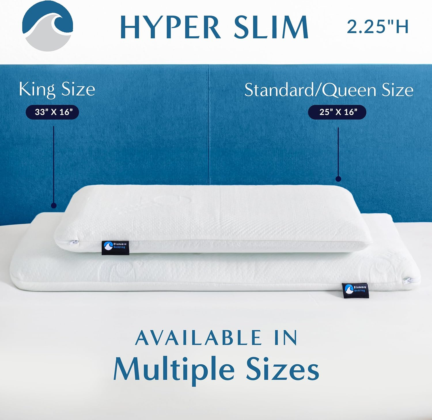 Bluewave Bedding Hyper Slim Gel Memory Foam Pillow for Stomach and Back Sleepers - Thin, Flat Design for Cervical Neck Alignment and Deeper Sleep (2.25-Inches Height, Standard Size) image number 3