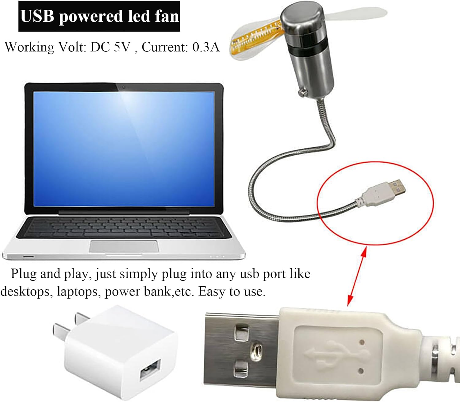 Soseelnee USB Clock Fan with Real Time Display, Mini Portable Flexible Cooling Fans with Led Light for Home Office (2) image number 4