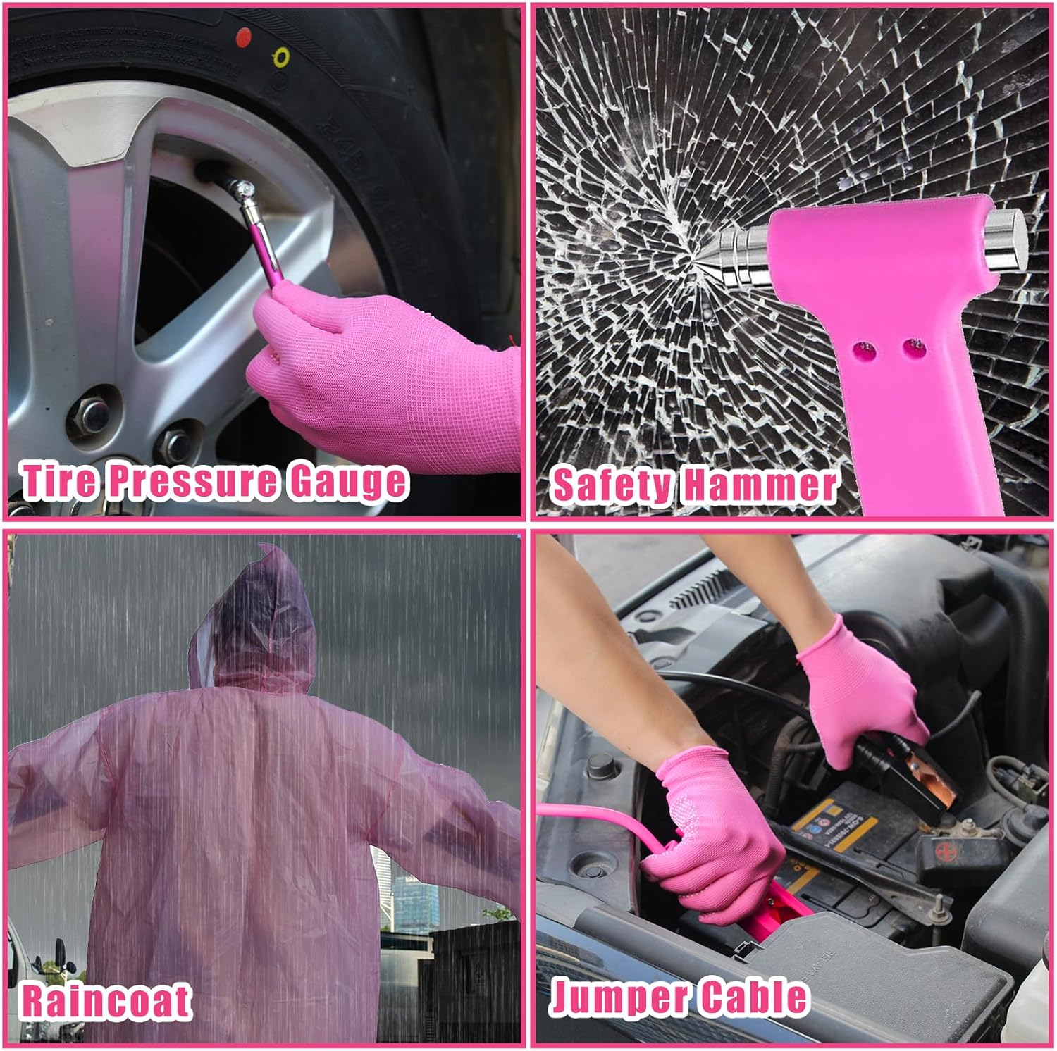 BHLUUIYER Car Emergency Kit, Pink Roadside Emergency Car Kit with Jumper Cables, Tow Rope, Safety Hammer, Pink Car Accessories for Women image number 3