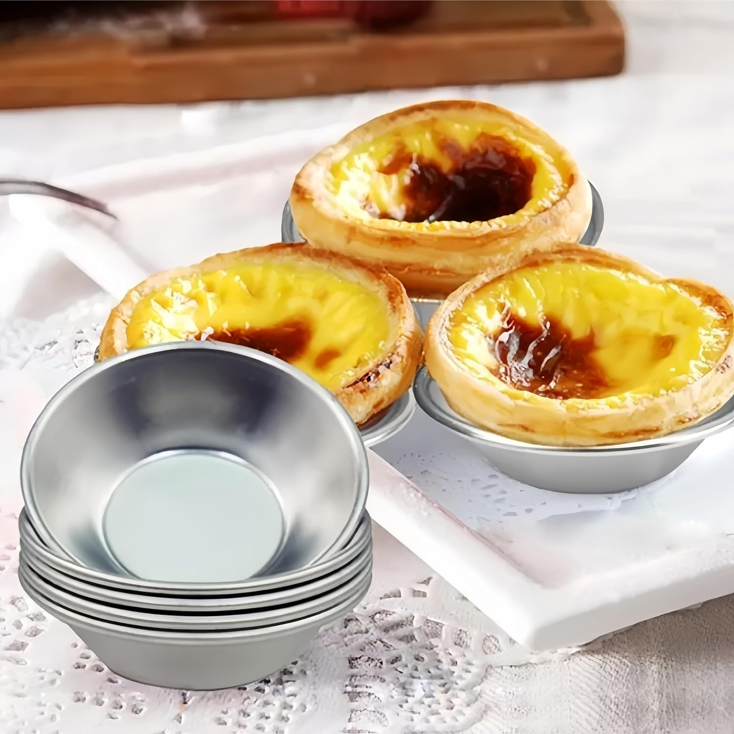 Aluminum Egg Tart Molds 10 Pcs, Thicker Cake Cup Egg Tart Pudding Mould DIY Tools,Individual round Pie Tins, Pudding Moulds Cupcake Cups, Non-Stick Coating Quiche Baking Moulds image number 3