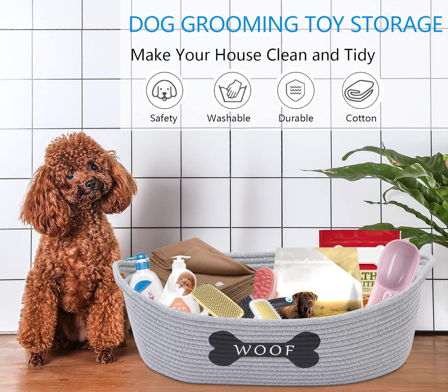 Cotton Rope Dog Toy Box with Handle, Pet Toy Basket(Grey), Puppies Bed, Toy Dog Storage - Perfect for Organizing Puppy Small Dogs Toys, Treats, Blankets, Leashes, Coats - Grey image number 1