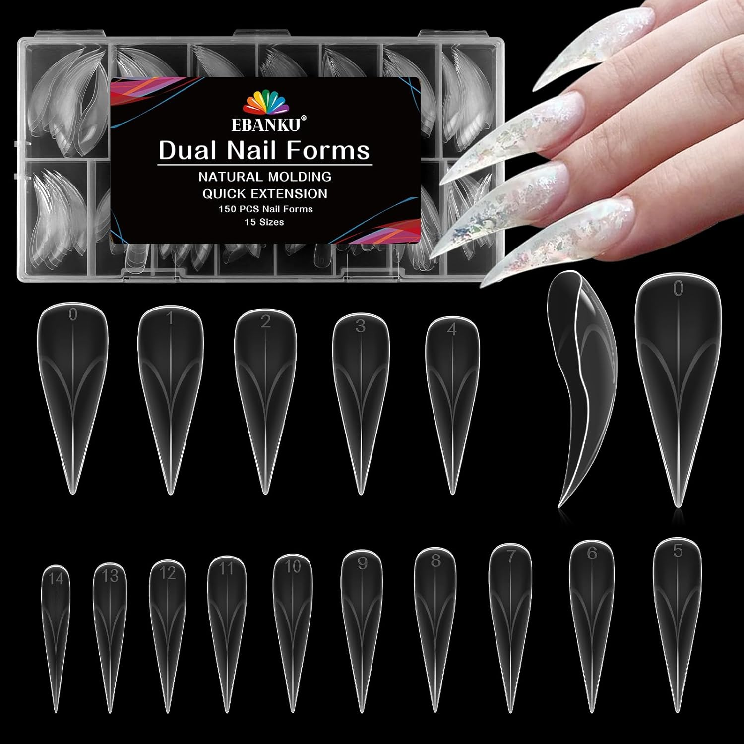 EBANKU 150PCS Poly Gel Nail Forms, Reusable Dual Forms for Polygel Long Mold Acrylic Nail Extension Tool for Home Salon Manicure, 15 Sizes(Eagle Claw)