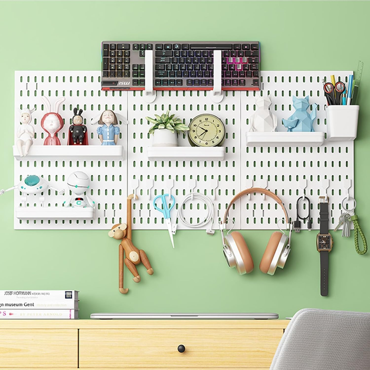 Wall Pegboard Organiser Kit, 90X42 Cm, White, 3 Panels with 17 Accessories, Home Office Storage System
