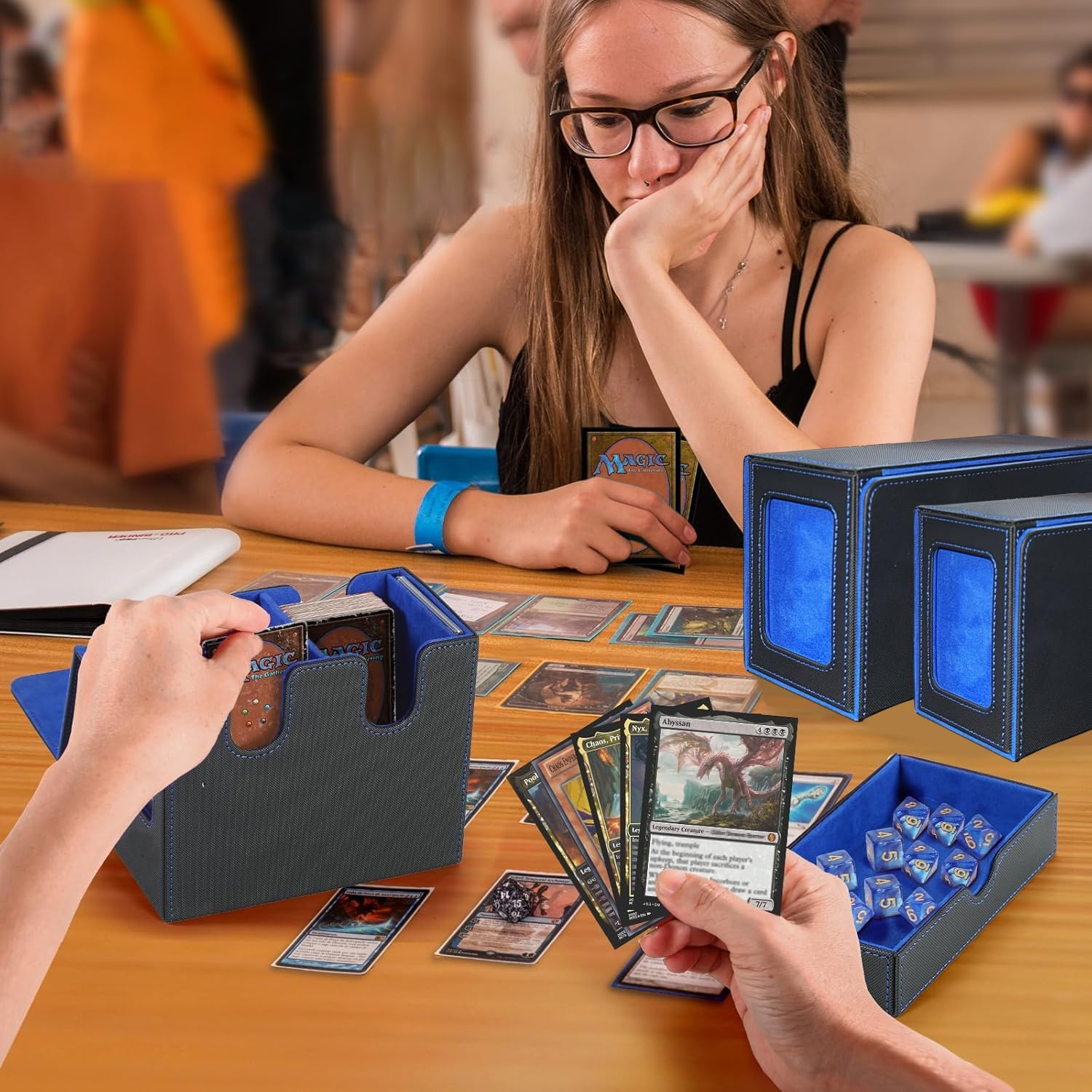 PU Leather Card Deck Case with Display Windows & Dice Tray,Card Storage Box for Trading Cards,Magnetic Closure 400+MTG Deck Box,Suitable for Magic Game Cards.