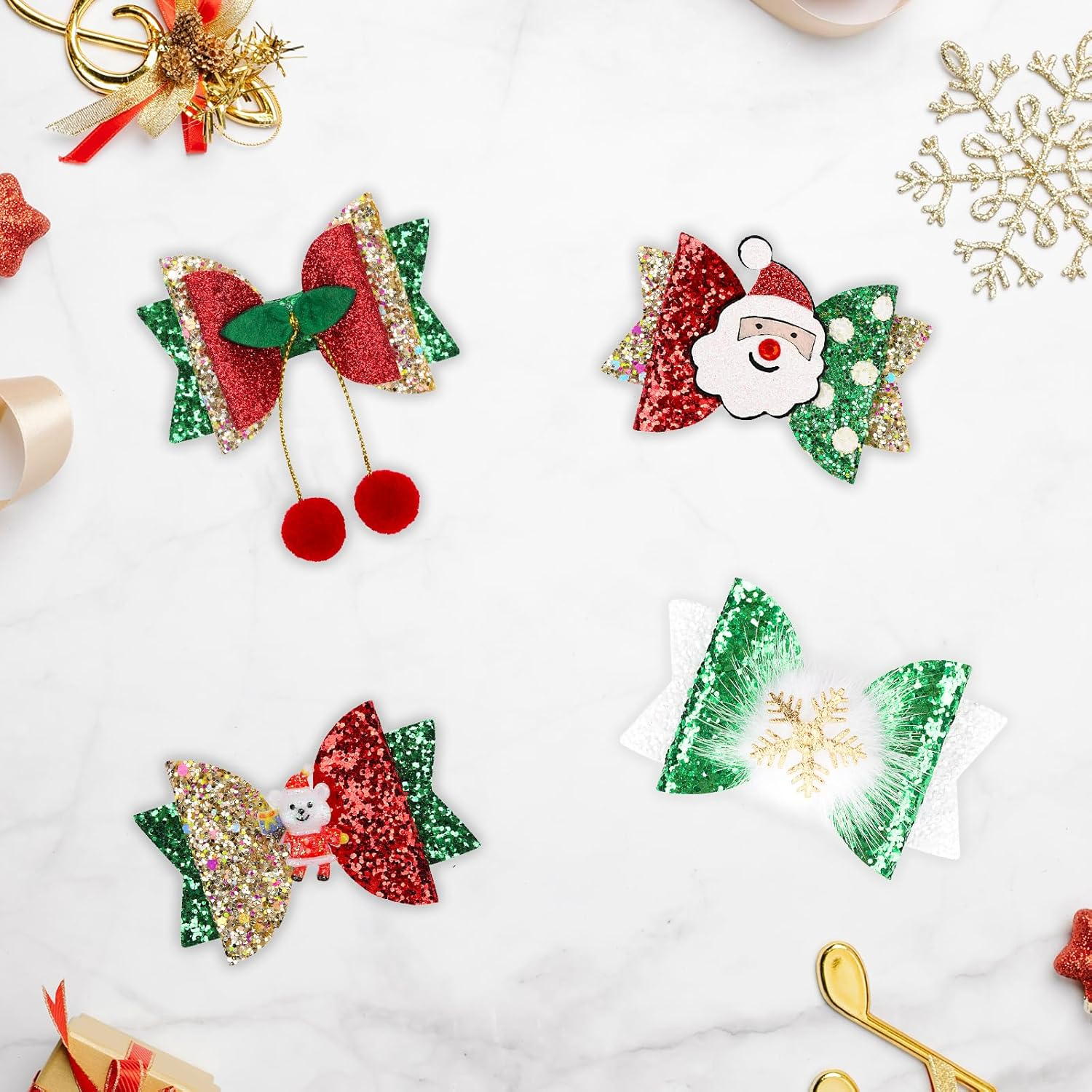 4 PCS Christmas Hair Clips for Kids,Glitter Sequins Hair Bow Barrette Christmas Santa Claus Snowflake Bear Cherry Hair Pins Alligator Clips for Kindergarten Girls Hair Accessories image number 5