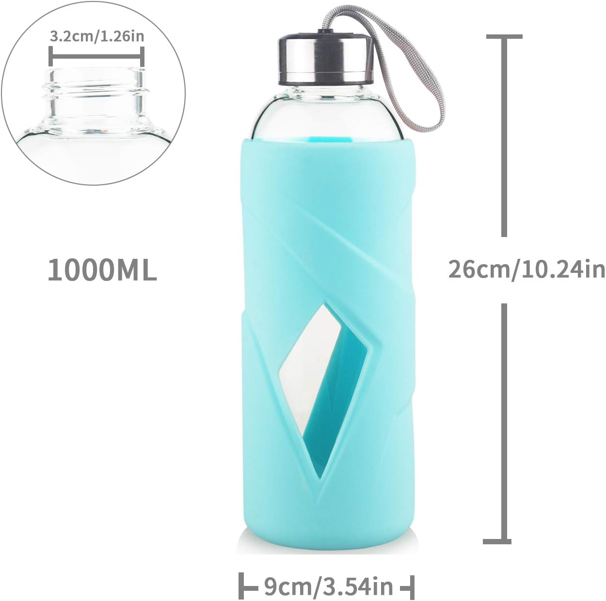 32Oz Borosilicate Glass Water Bottle BPA Free Reusable Glass Drinking Bottle with Silicone Sleeve and Stainless Steel Lid image number 3