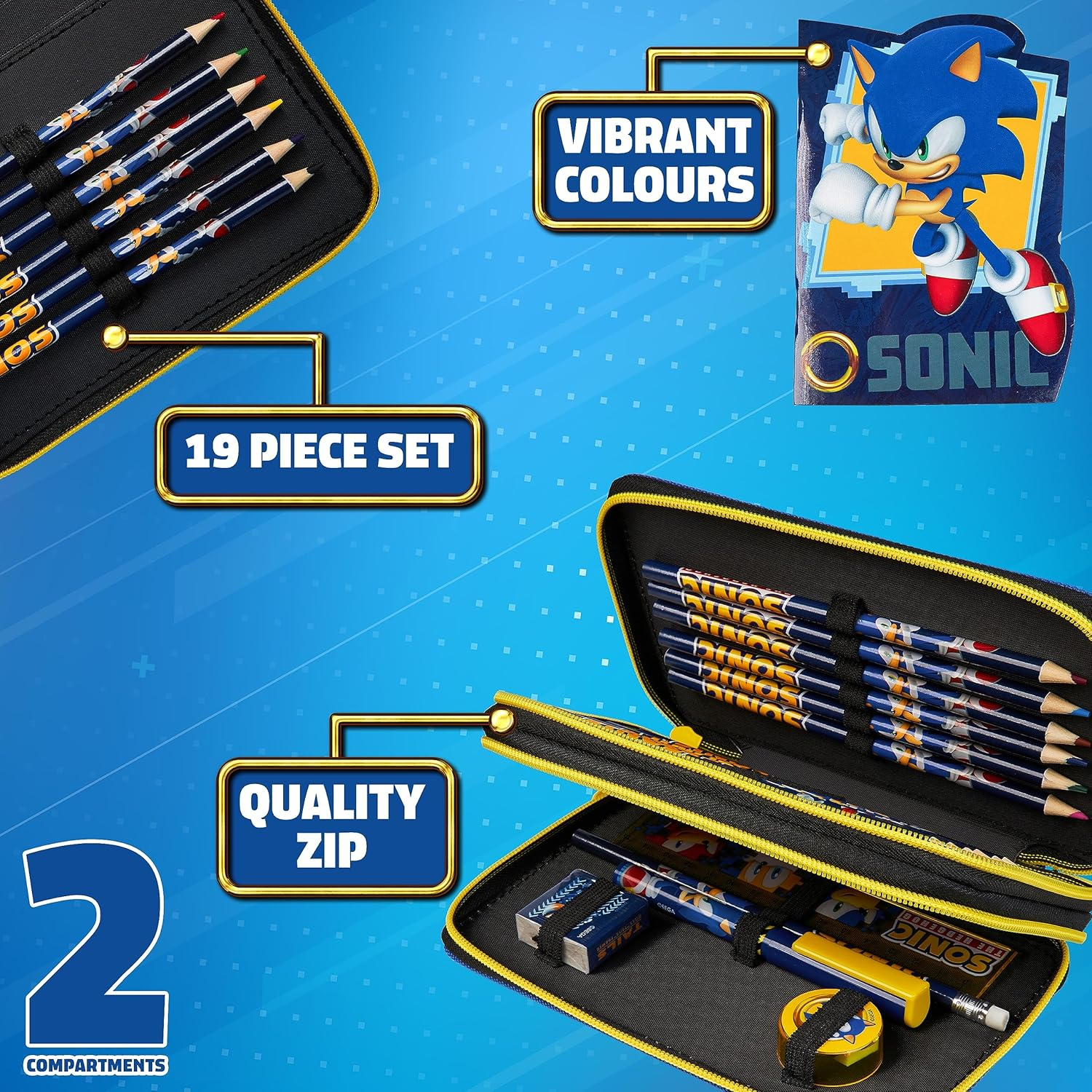 Sonic the Hedgehog Children'S Pencil Case Filled Pencil Case 2 Compartments Pencil Case with Contents School with Coloured Pencils Boys image number 2