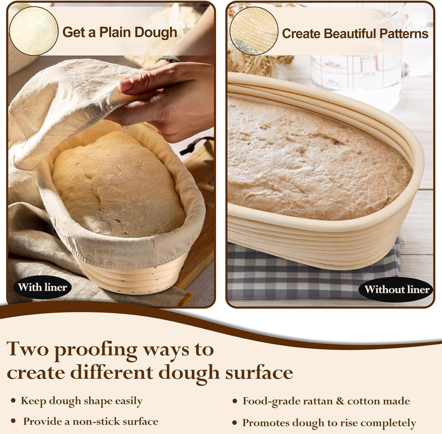Banneton Bread Baskets Set,Two 10-Inch Oval Sourdough Proofing Bowls Handmade Rattan Baskets and Liners Sourdough Proofing Basket Perfect for Professional & Home Sourdough Bread Baking image number 4