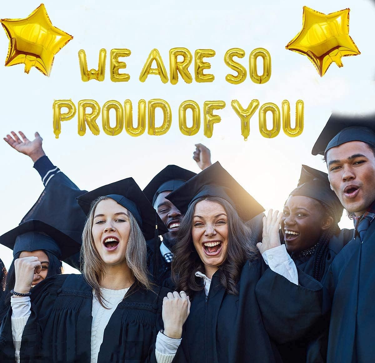 Graduation Bunting, We Are so Proud of You Letter Balloons Gold Banner with 2 Star Balloons Congrats Grad Retirement Party Decorations Supplies image number 2