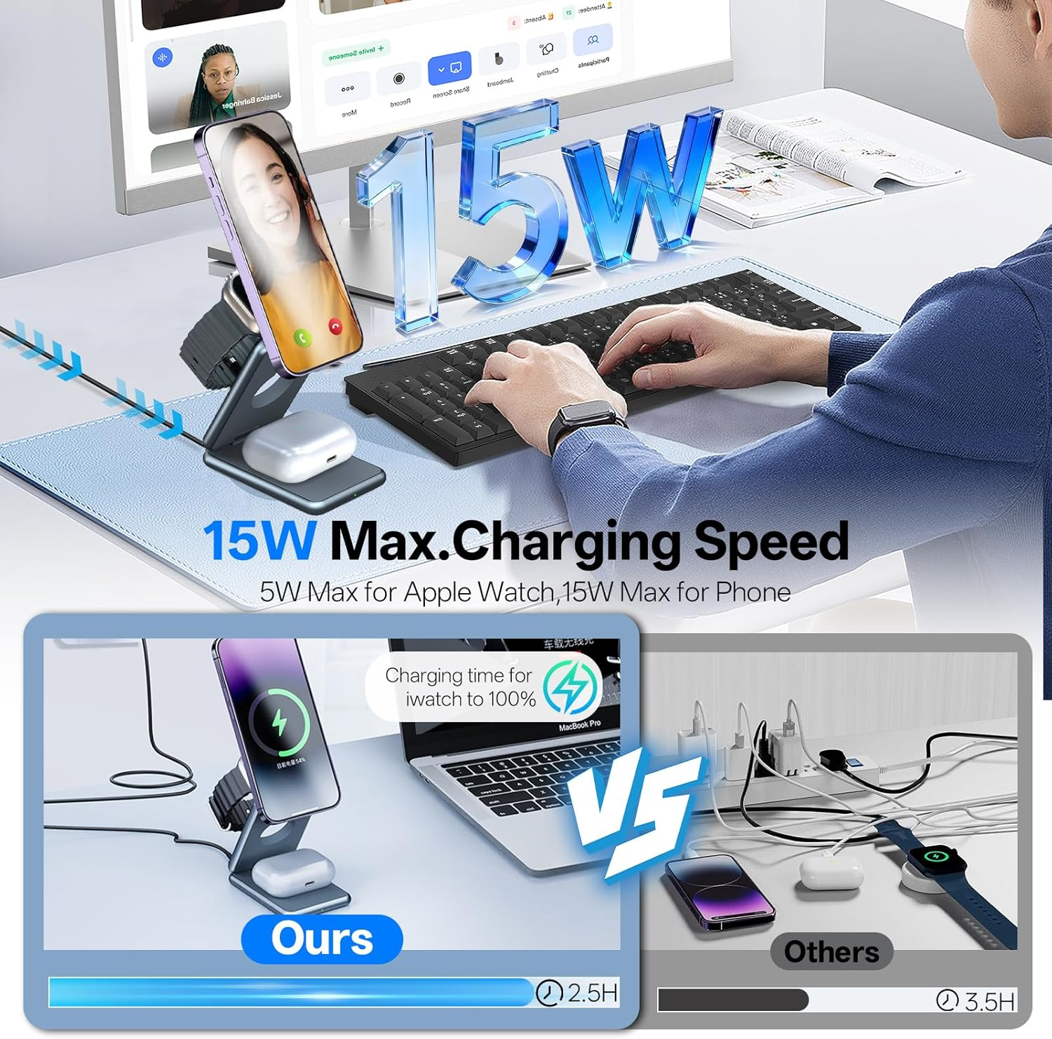 Foldable 3-In-1 Inductive Charging Station, Mobile Phone Charging Station for Phone and Apple Watch, Inductive Wireless Charging Station, 15 W Wireless Charger for Phone 8-14, for Apple Watch S1-S8/SE image number 3