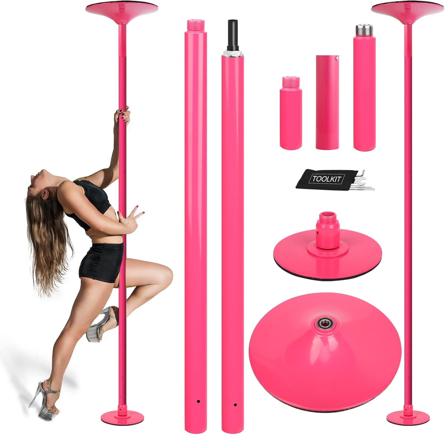 PRIOR FITNESS Pole Dance 45Mm Dance Pole Spinning Static Dancing Pole Portable Removable Fitness Pole Set for Exercise Club Party Home Pink image number 3