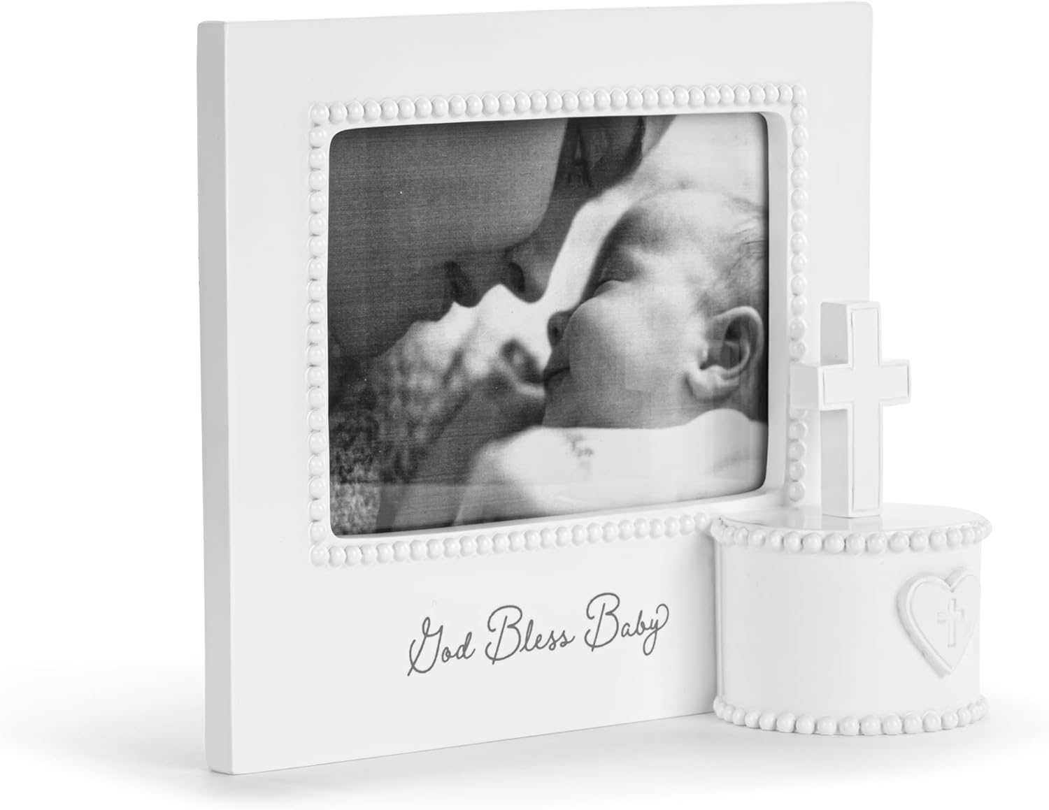 DEMDACO Musical Frames Collection God Bless Baby White Beaded 8 X 7 Resin Keepsake Baby Picture Frame with Cross & Trinket Box &ndash; Christening, Newborn, or Memorial Gift, Holds 4X6 Photo image number 3