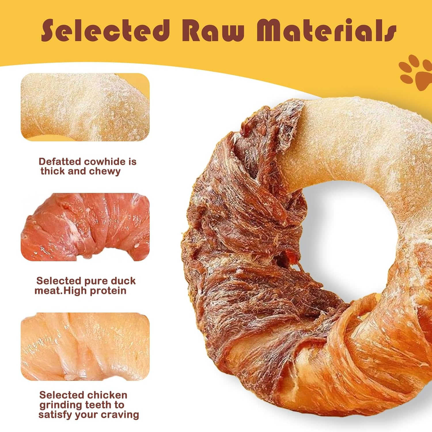 Chicken and Duck Wrapped Dog Chews Grain Free, Protein Rich Jerky with Beef Hide, Fun Donut-Shaped Treats for Small and Large Dogs, No Artificial Flavors,4Pcs