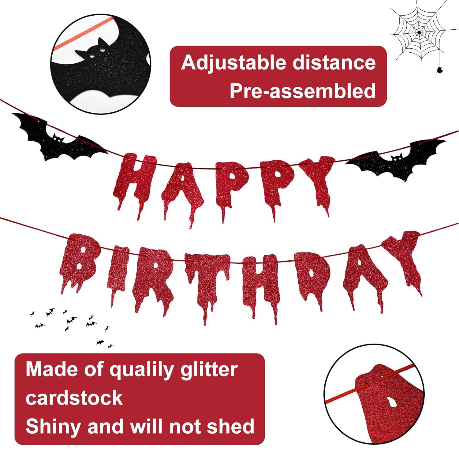 Red Glittery Happy Birthday Halloween Banner - Halloween Hanging Paper Garland Bunting Banner Bloody Bat Vampire Decorations, Photo Backdrop for Wall Home Mantle Office Wall Scary Party Supplies image number 3