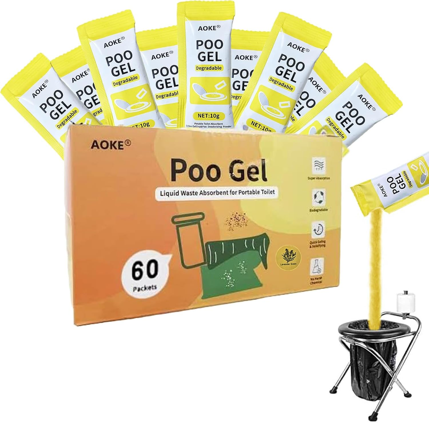 AOKE Portable Toilet Absorbent Gel Powder - Lemon 25 Pack Poo Deodorizing Treatment for Outdoor Camping and Hiking