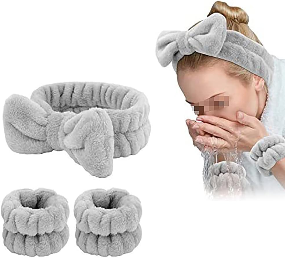 3 Piece Spa Headband and Bracelet Face Headband Wrist Wash Bands Set Soft Makeup Hair Band Fluffy Cosmetic Headband Grey image number 4