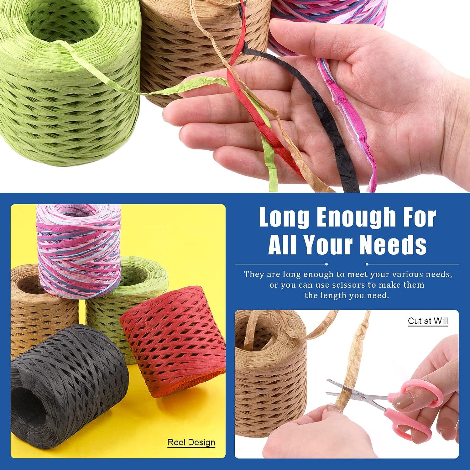 Glarks 200M Raffia Ribbon with Scissors Set, Red Paper Craft String, Natural Kraft Packing Twine for Gift Wrapping and Crafting Supplies - Black image number 3