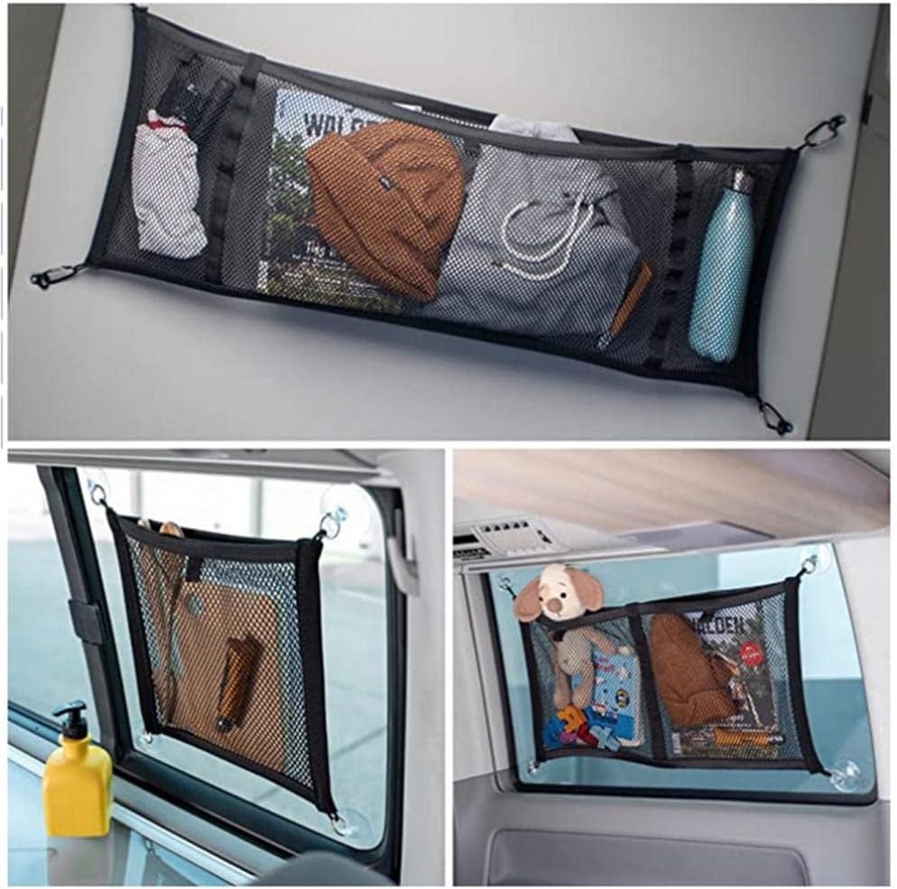 Etomvoop 3PCS Car Cargo Storage Net, Car Windows Suction Cup Hanging Bag Nylon Mesh Pocket Organizer Bag for Cargo Vans, Motorhomes, Mobile Homes, Caravans, Boats (Middle-3Pcs)
