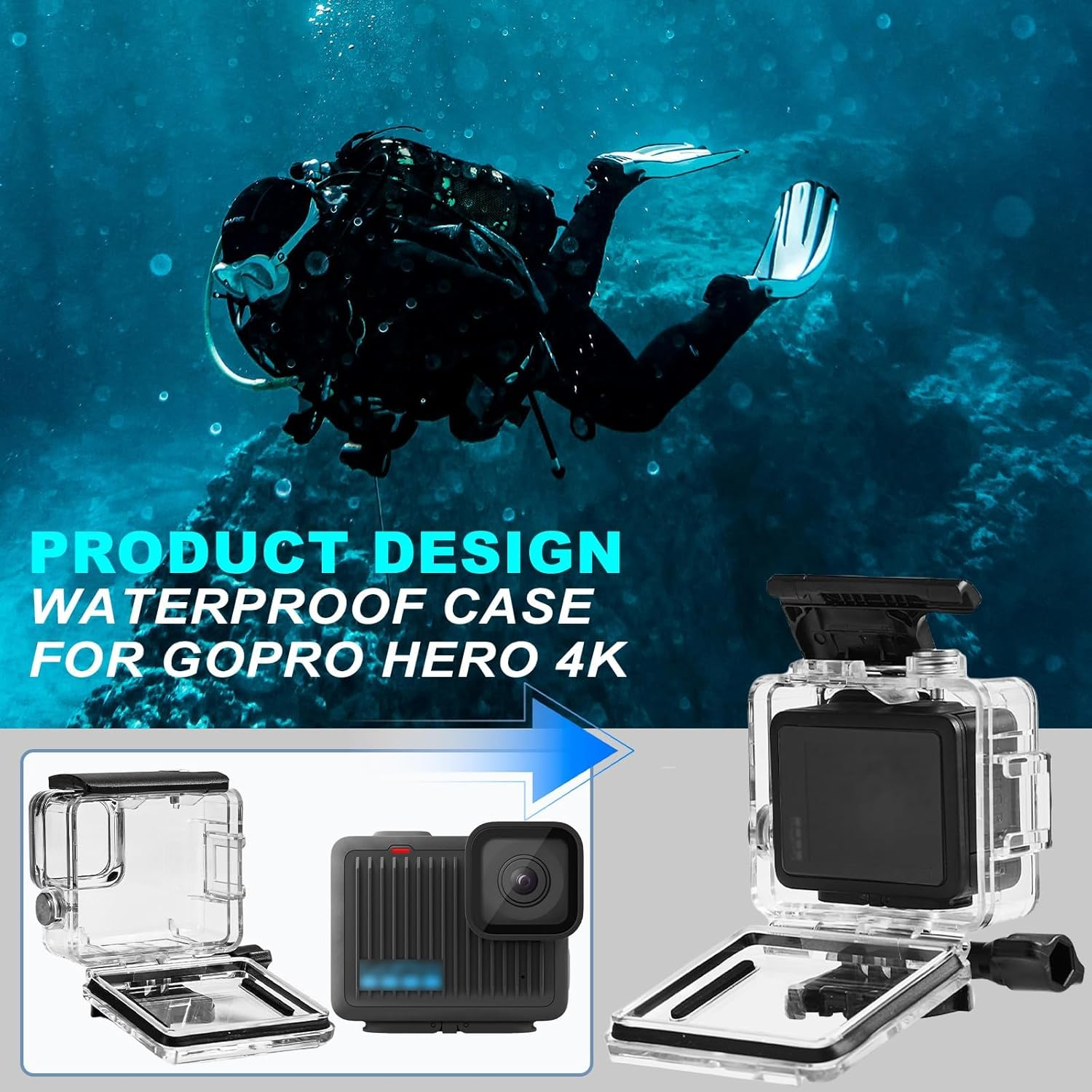 Waterproof Case for Go Pro Hero 4K,196FT/60M Underwater Protective Dive Housing Case with Accessories for Go Pro Hero 4K Bracket Action Camera image number 5