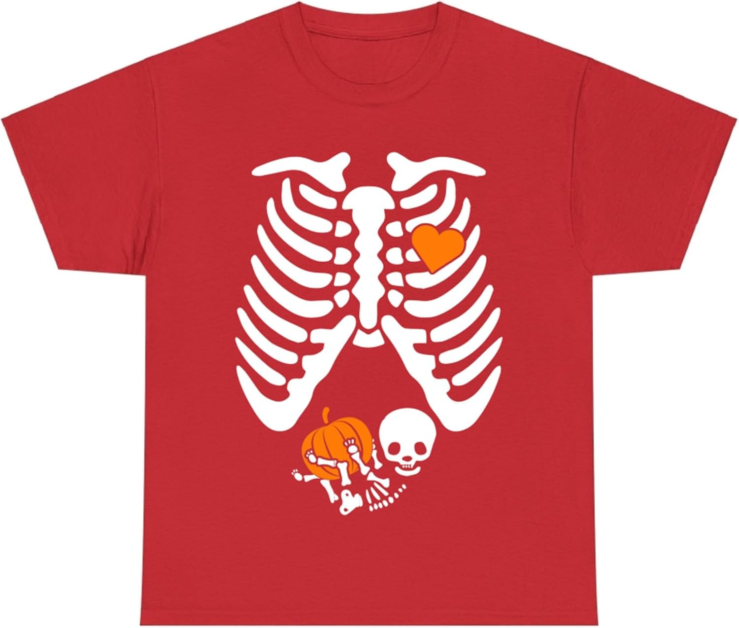 Maternity Skeleton Baby Pumpkin Heart Halloween Pregnancy Announcement T-Shirt for Adults Crew Neck Short Sleeve Tee Shirt image number 3