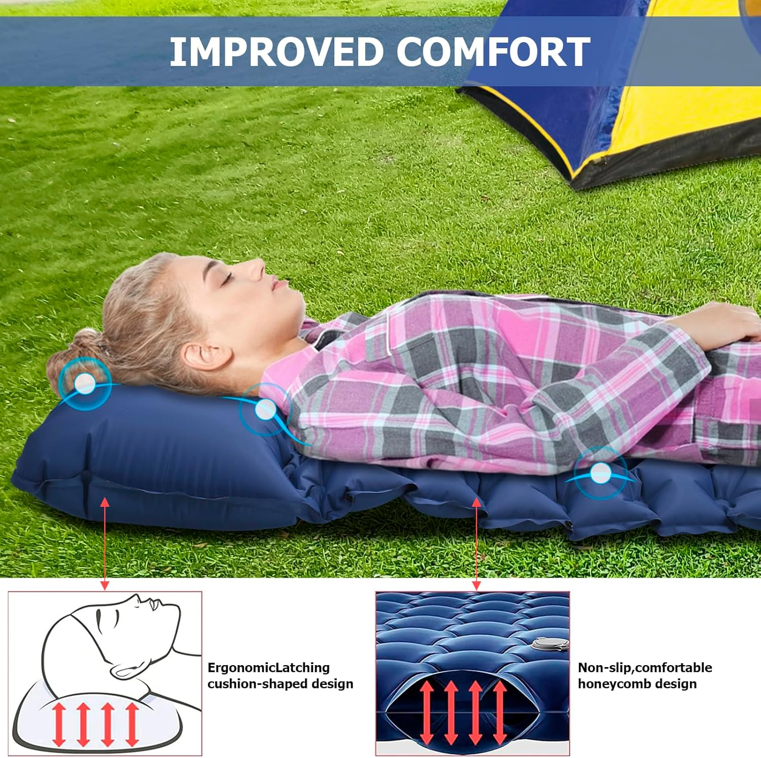 Amtake Camping Sleeping Pad, Self-Inflating Camping Mattress Sleeping Mat,10 Cm High Air Mattress with Built-In Foot Pump, Lightweight Inflatable for Traveling, Hiking and Outdoor (Blue) - Blue image number 5