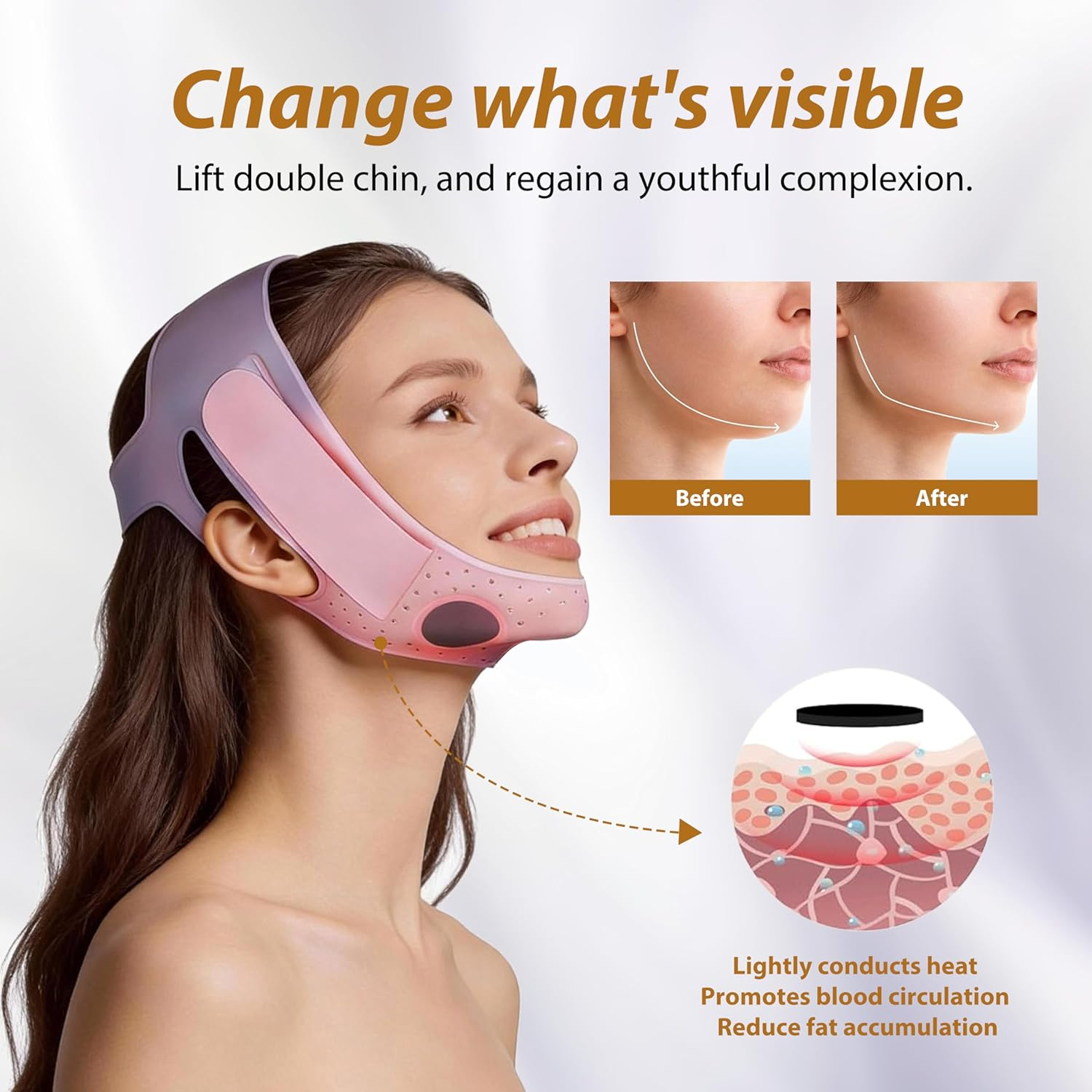 Chin Strap for V-Shape Face, Reusable Graphene Silicone Face Lifting Mask for Jawline Tightening & Double Chin Reduction, Adjustable, Breathable Reusable Jawline Shaper for Women (Pink) image number 3