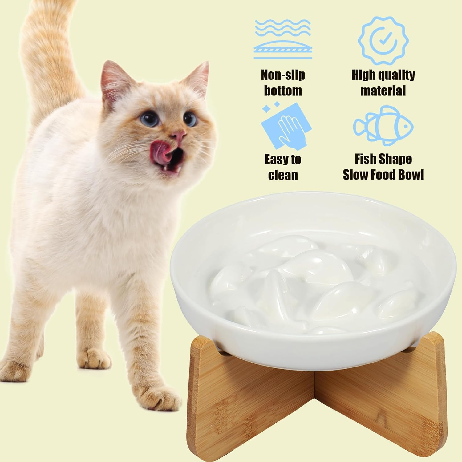 Raised Ceramic Slow Feeder Cat Bowl with Wood Stand, 6.4&times;1.14In Elevated Feeding Bowl Anti-Vomiting Non-Slip Slow Eating Dish for Cats (White) - Green image number 3