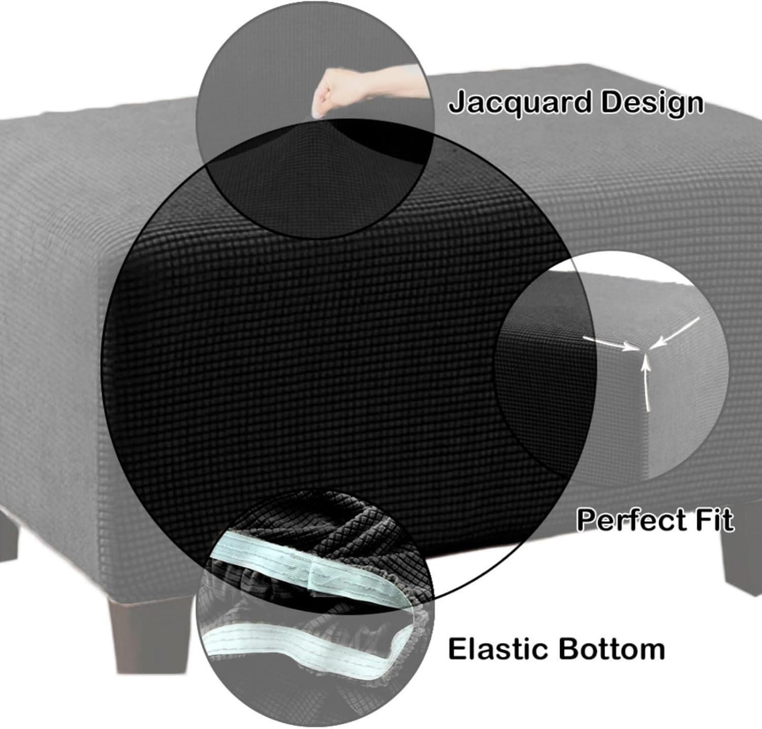 Stretch Ottoman Cover Slipcover Rectangle Small/Large Footrest Sofa Slipcovers Stool Covers Footstool Protector Covers Removable Washable(Black,Large) image number 6