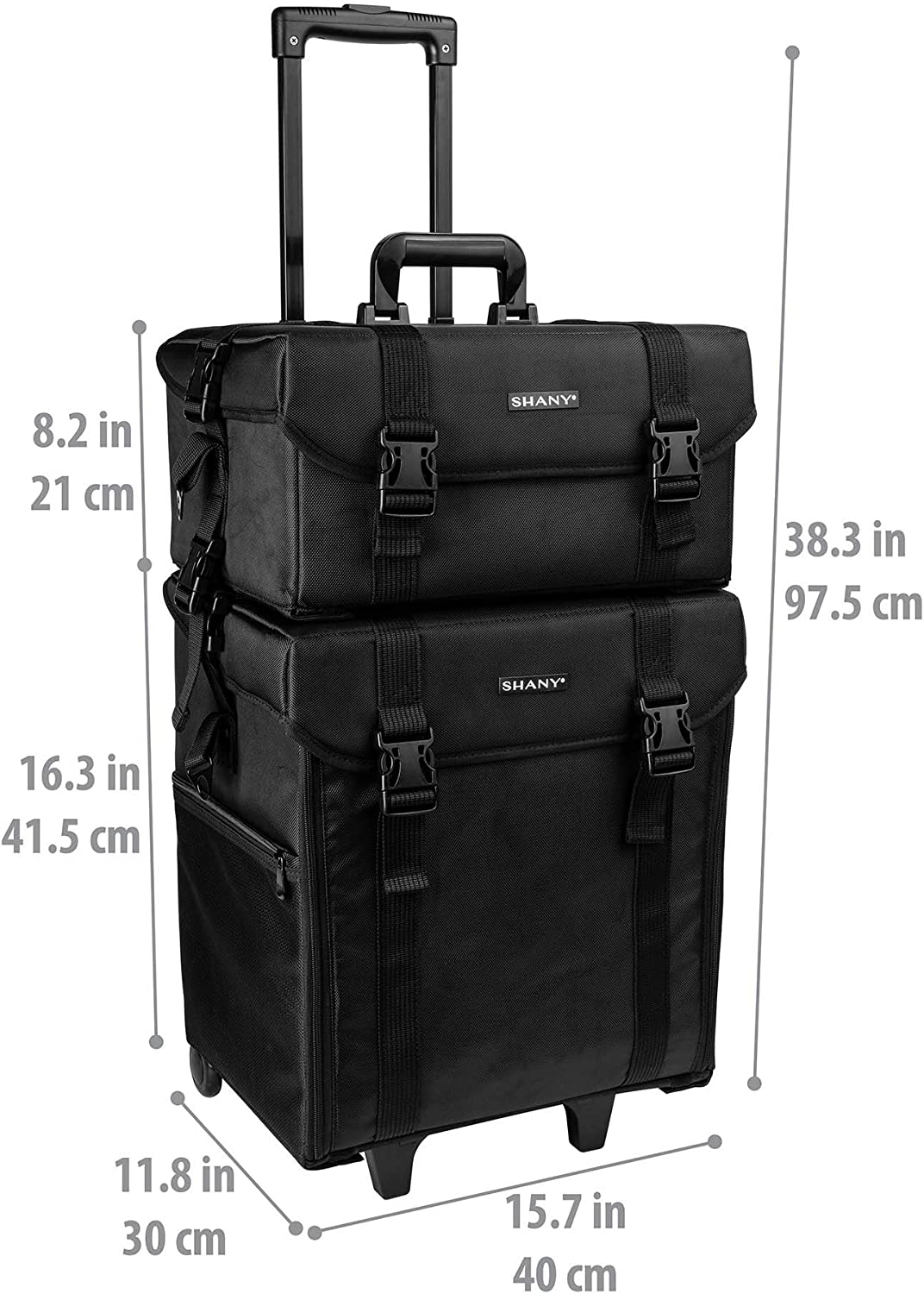 SHANY Cosmetics 2 Compartment Soft Black Rolling Trolley Makeup Case with Free 3 Piece Organizer Mesh Bags, 28 Inch image number 3